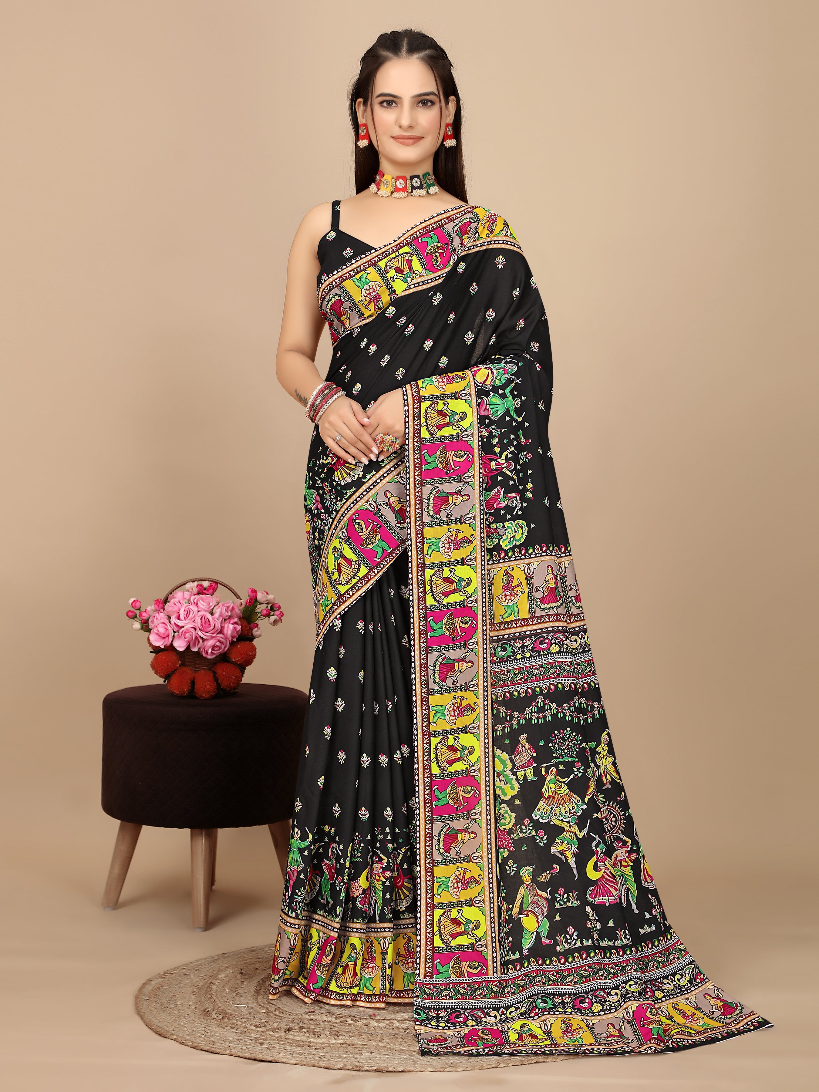 Traditional Black Saree with Patola Folk Art Motifs