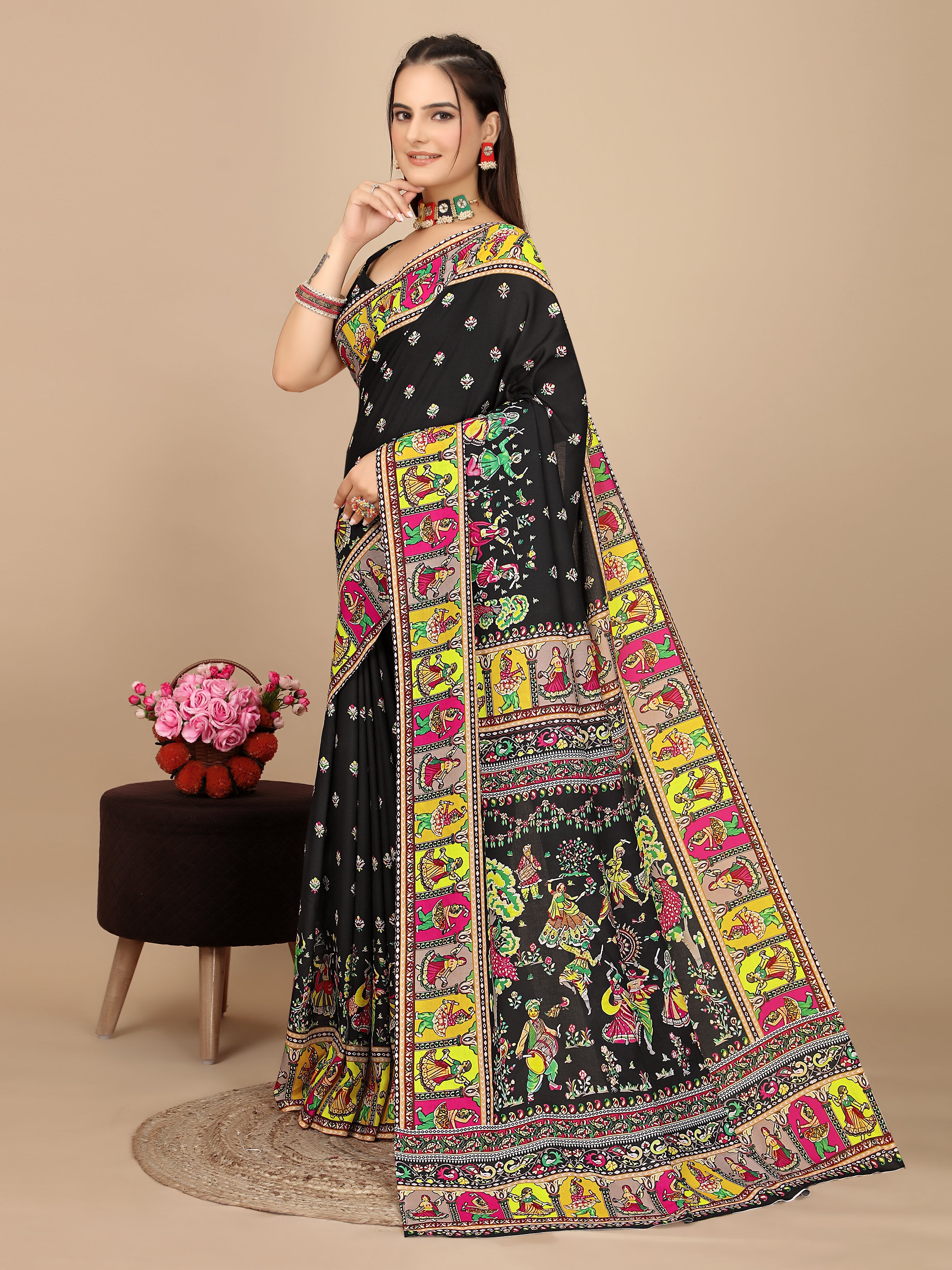Traditional Black Saree with Patola Folk Art Motifs