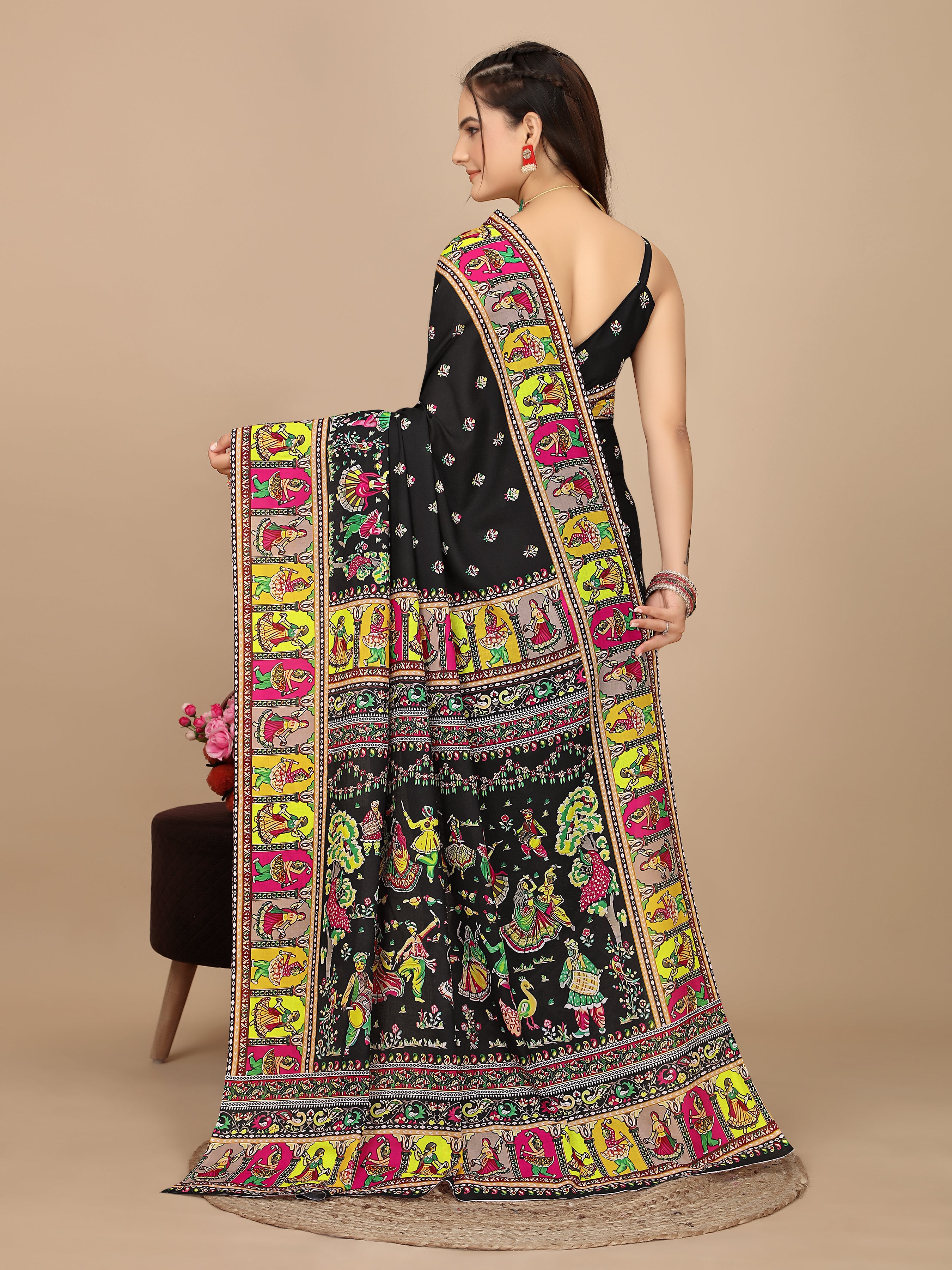 Traditional Black Saree with Patola Folk Art Motifs
