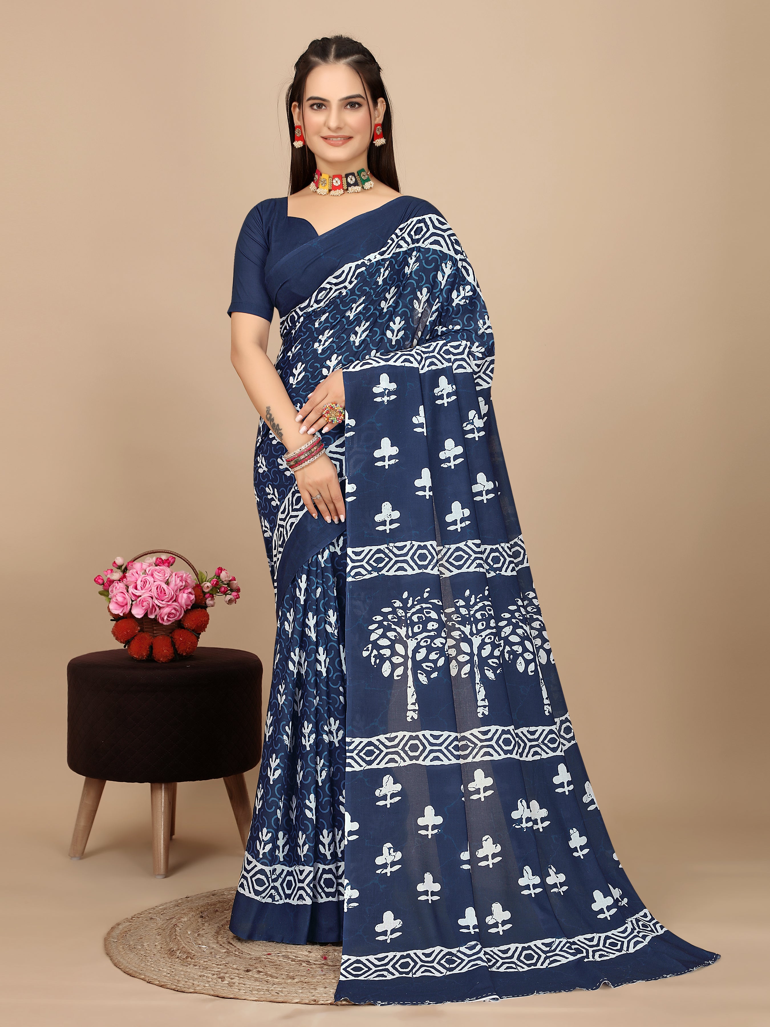 Navy Blue Cotton Linen Saree with Tree Motif - Pativrata