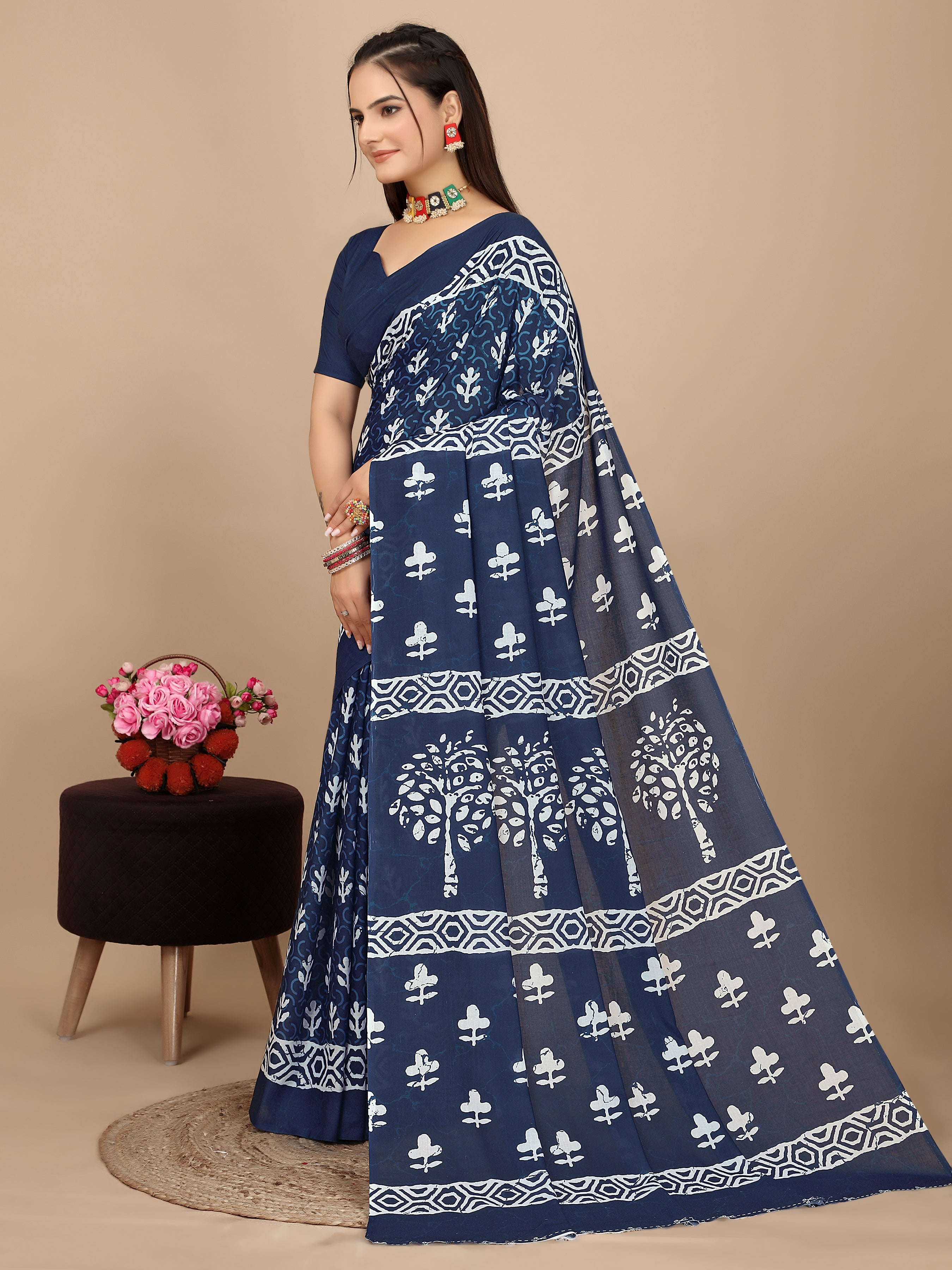 Navy Blue Cotton Linen Saree with Tree Motif - Pativrata