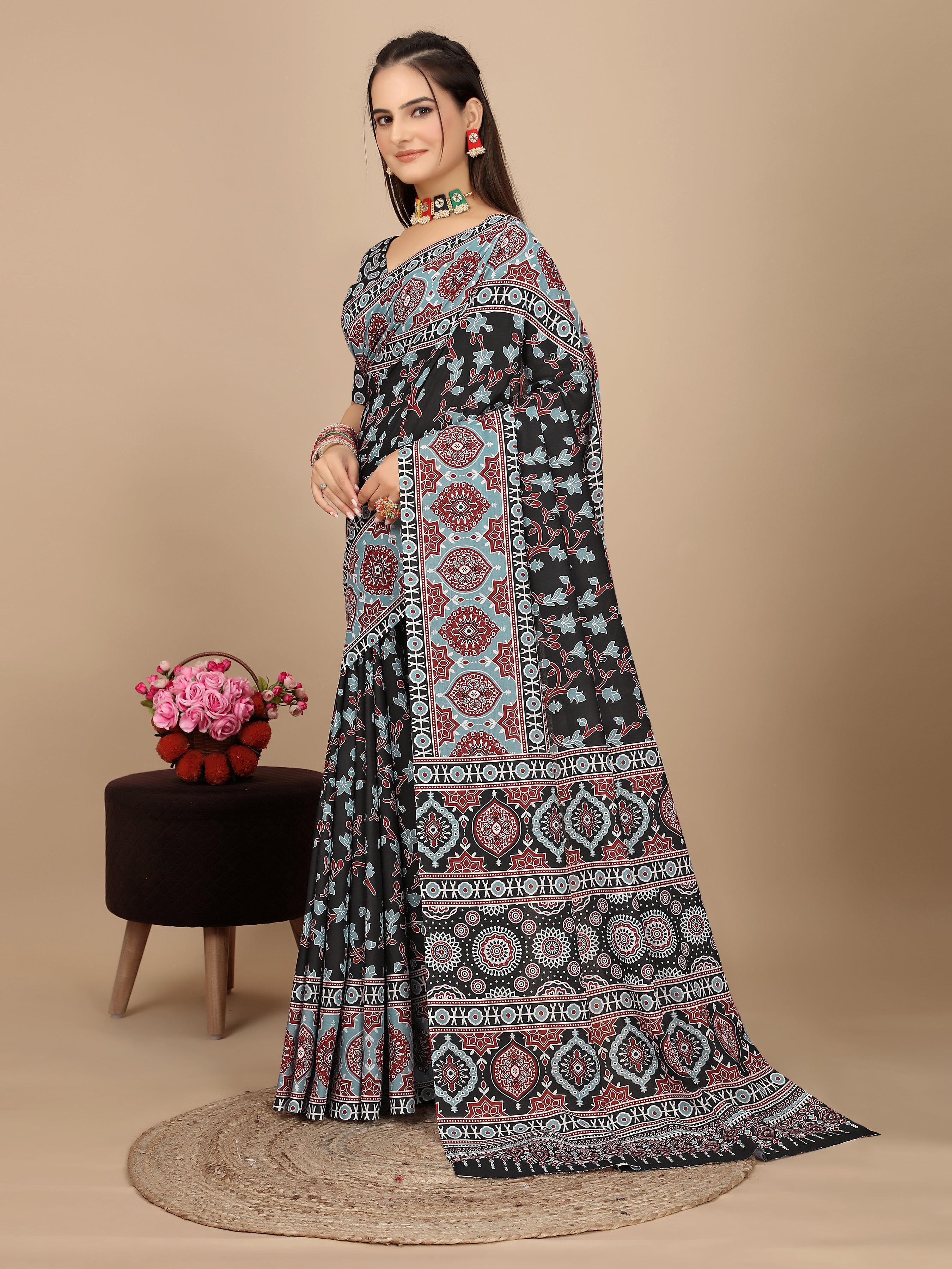 Digital Gray Cotton Linen Kalamkari Print Saree - Pativrata
