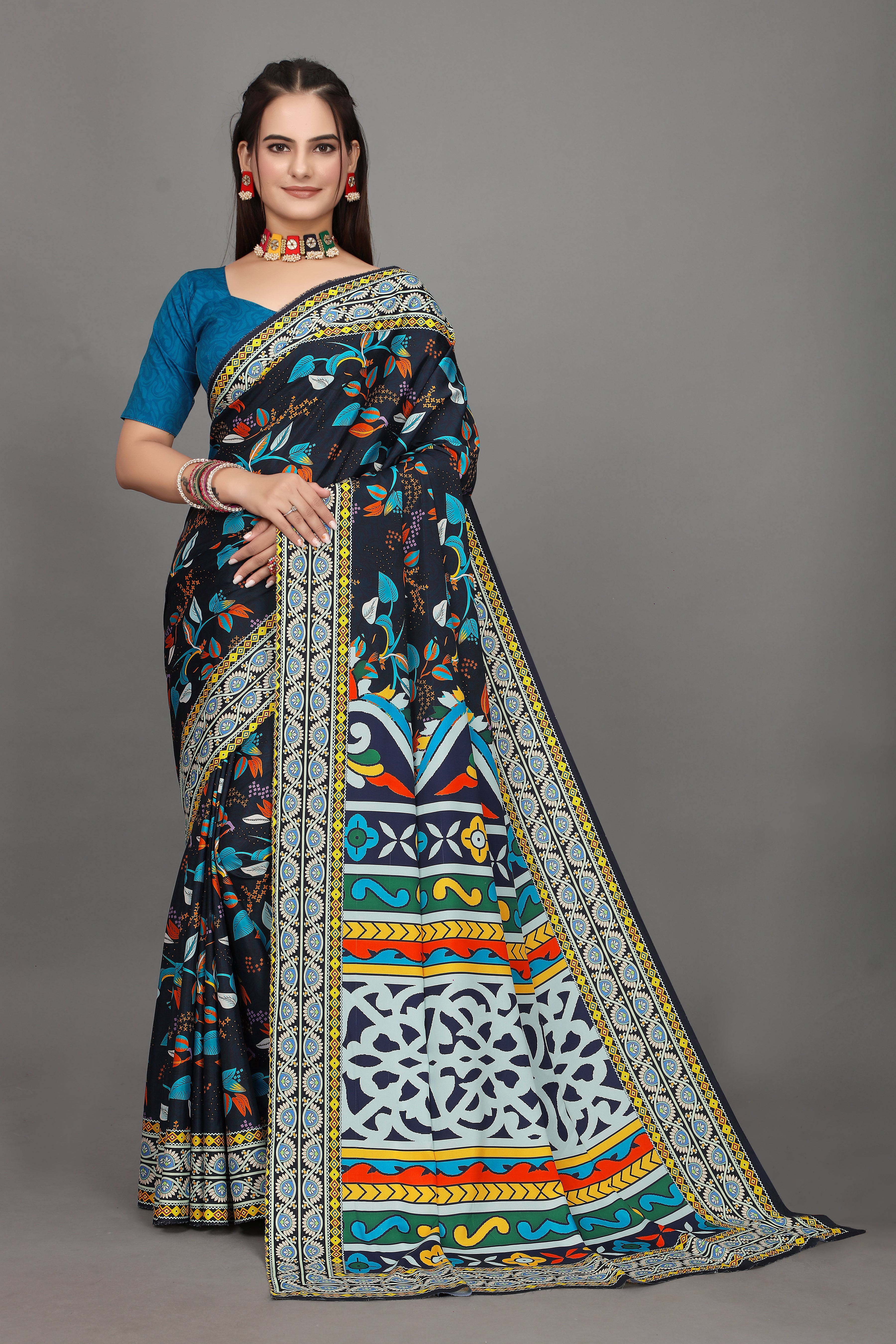 Elegant Dark Blue Floral Printed Saree - Pativrata