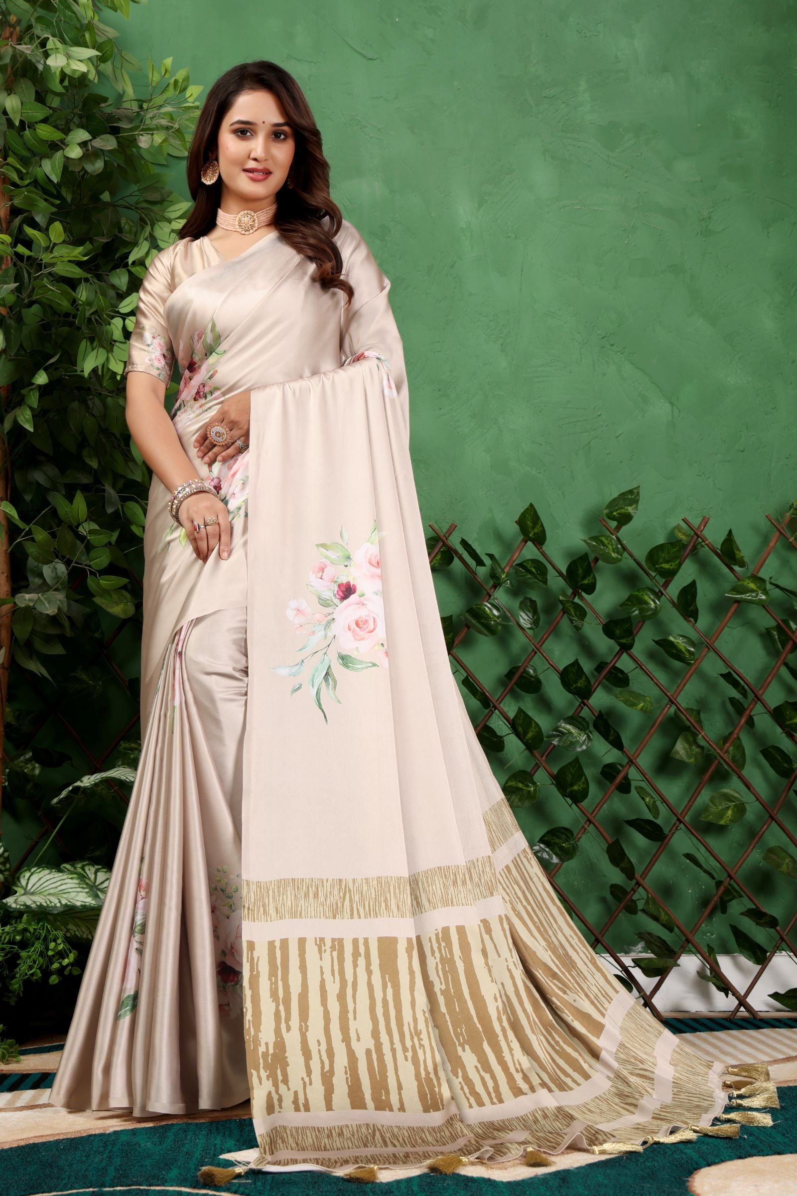 Aabha — Subtle Gold Floral Print Silk Saree