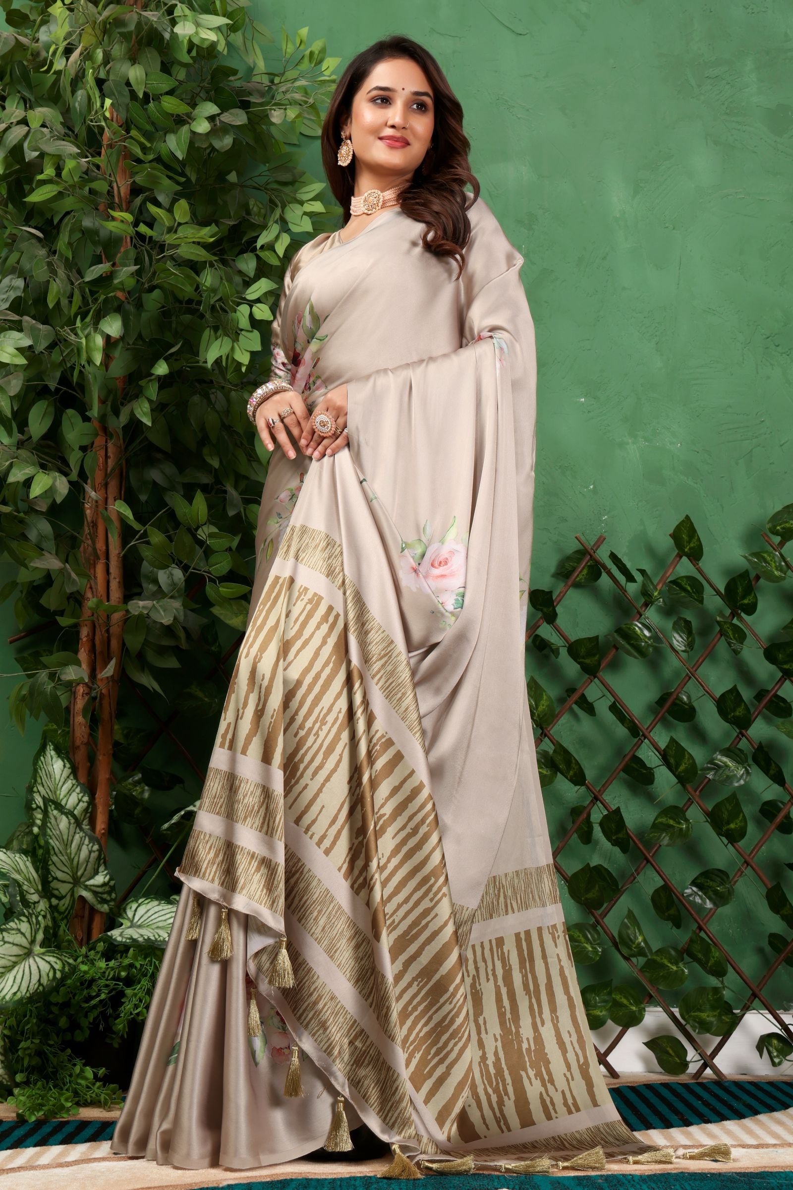 Aabha — Subtle Gold Floral Print Silk Saree