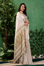 Aabha — Subtle Gold Floral Print Silk Saree