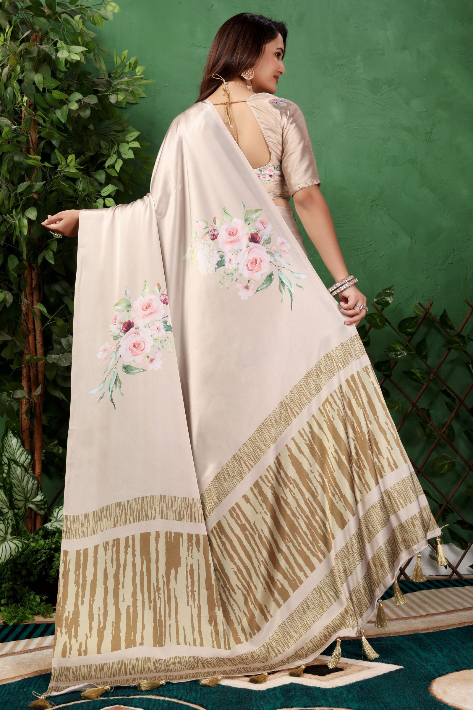 Aabha — Subtle Gold Floral Print Silk Saree