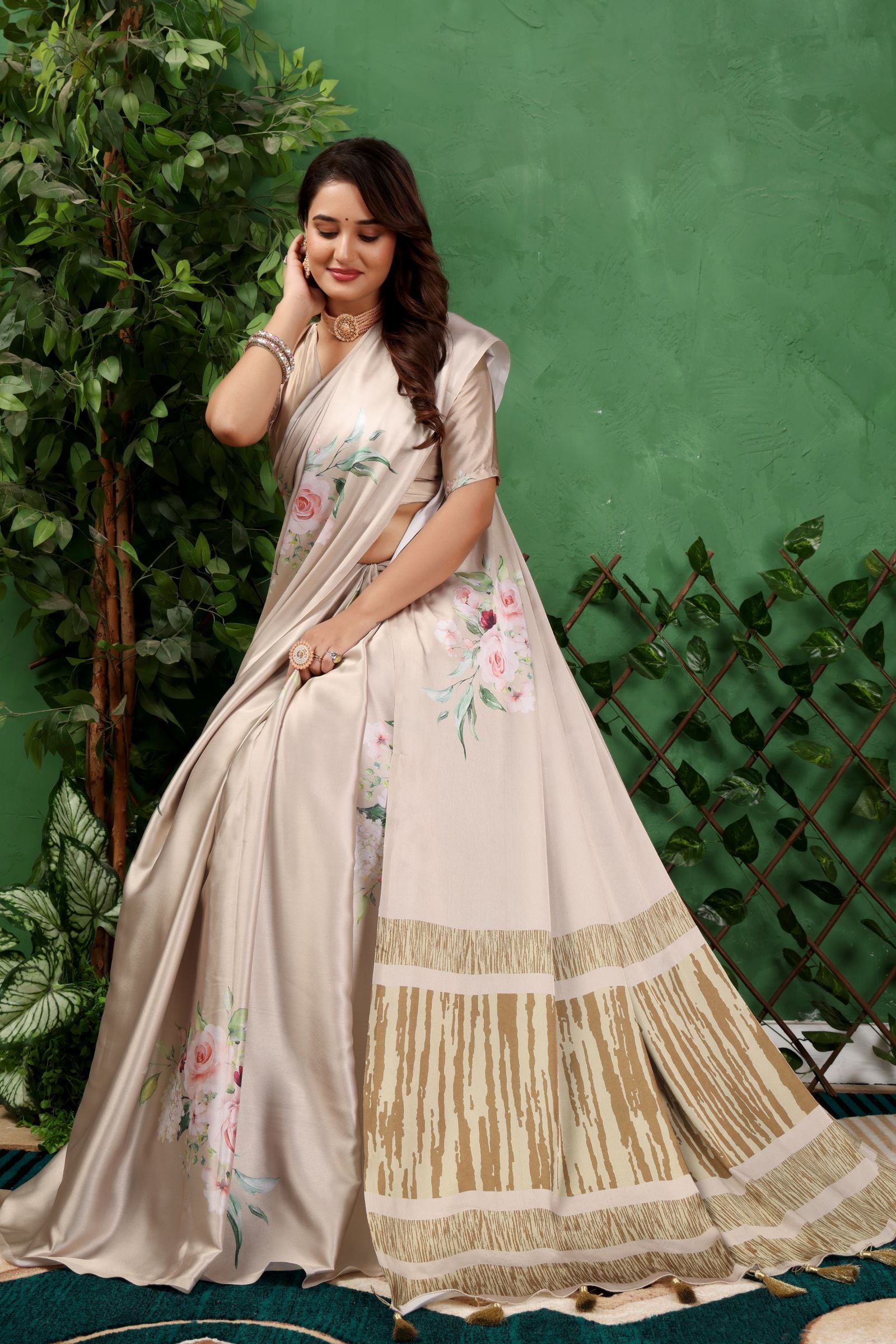 Aabha — Subtle Gold Floral Print Silk Saree