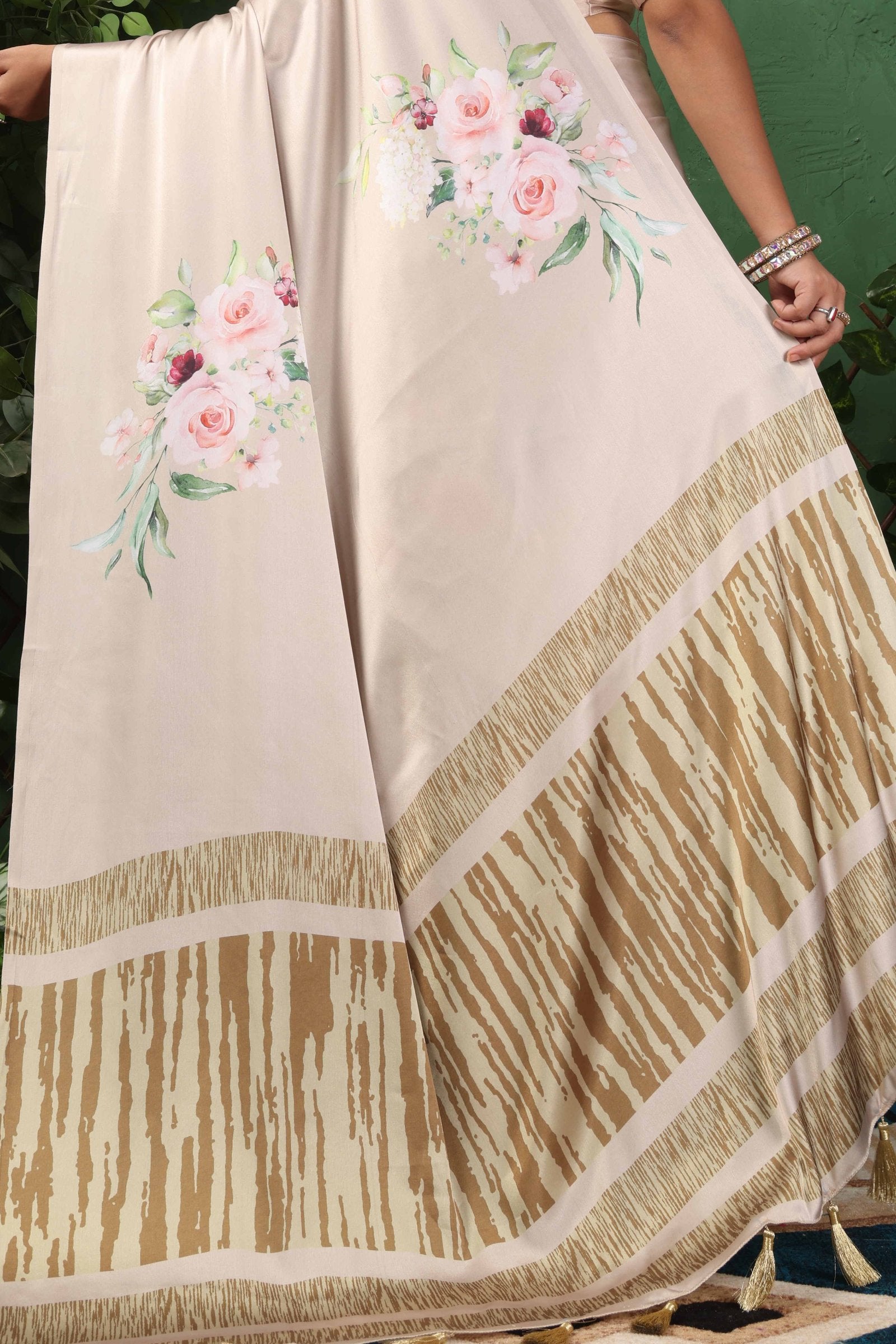 Aabha — Subtle Gold Floral Print Silk Saree