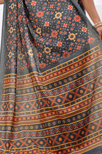 Agnika — Charcoal Grey Ikat Print Cotton Linen Saree