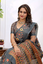 Agnika — Charcoal Grey Ikat Print Cotton Linen Saree
