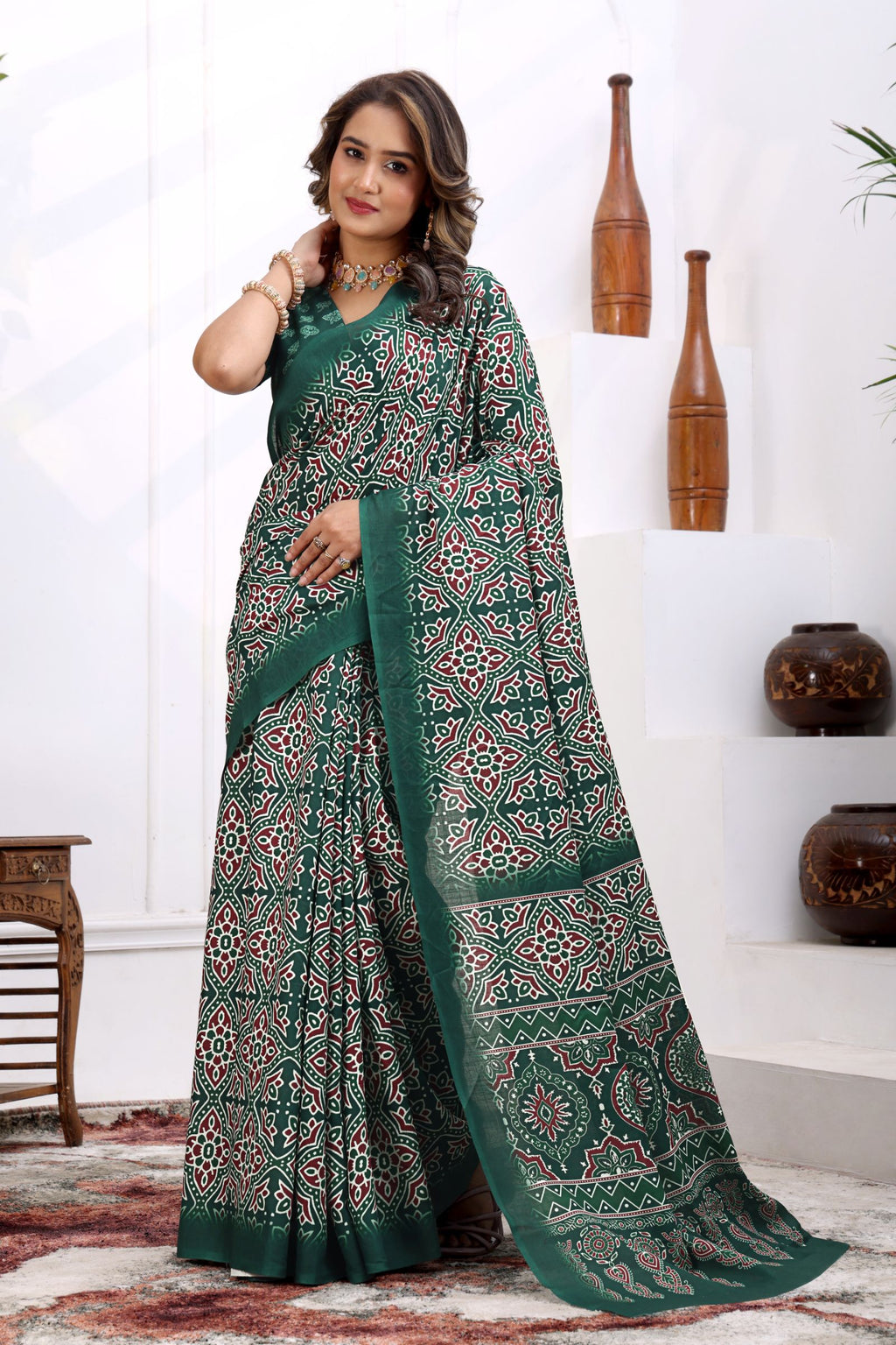Aranya — Emerald Green Ajrakh Print Cotton Linen Saree