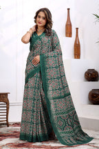 Aranya — Emerald Green Ajrakh Print Cotton Linen Saree