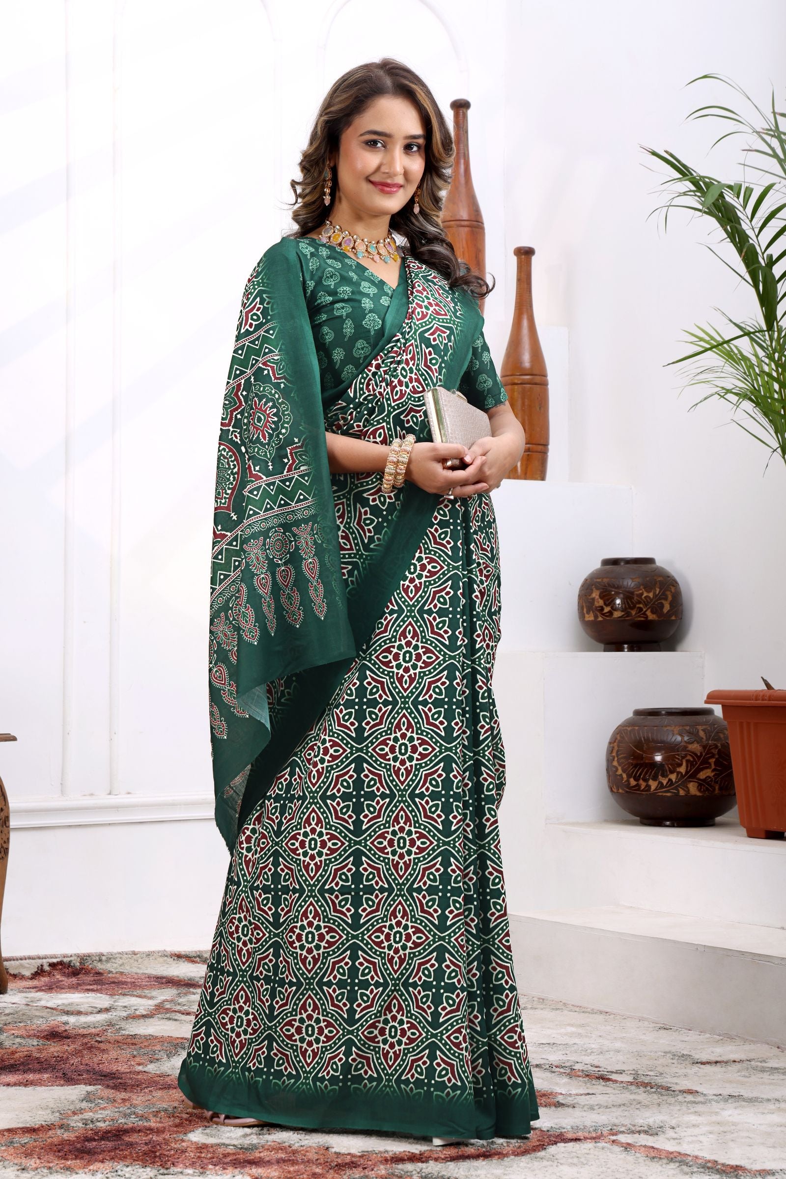 Aranya — Emerald Green Ajrakh Print Cotton Linen Saree