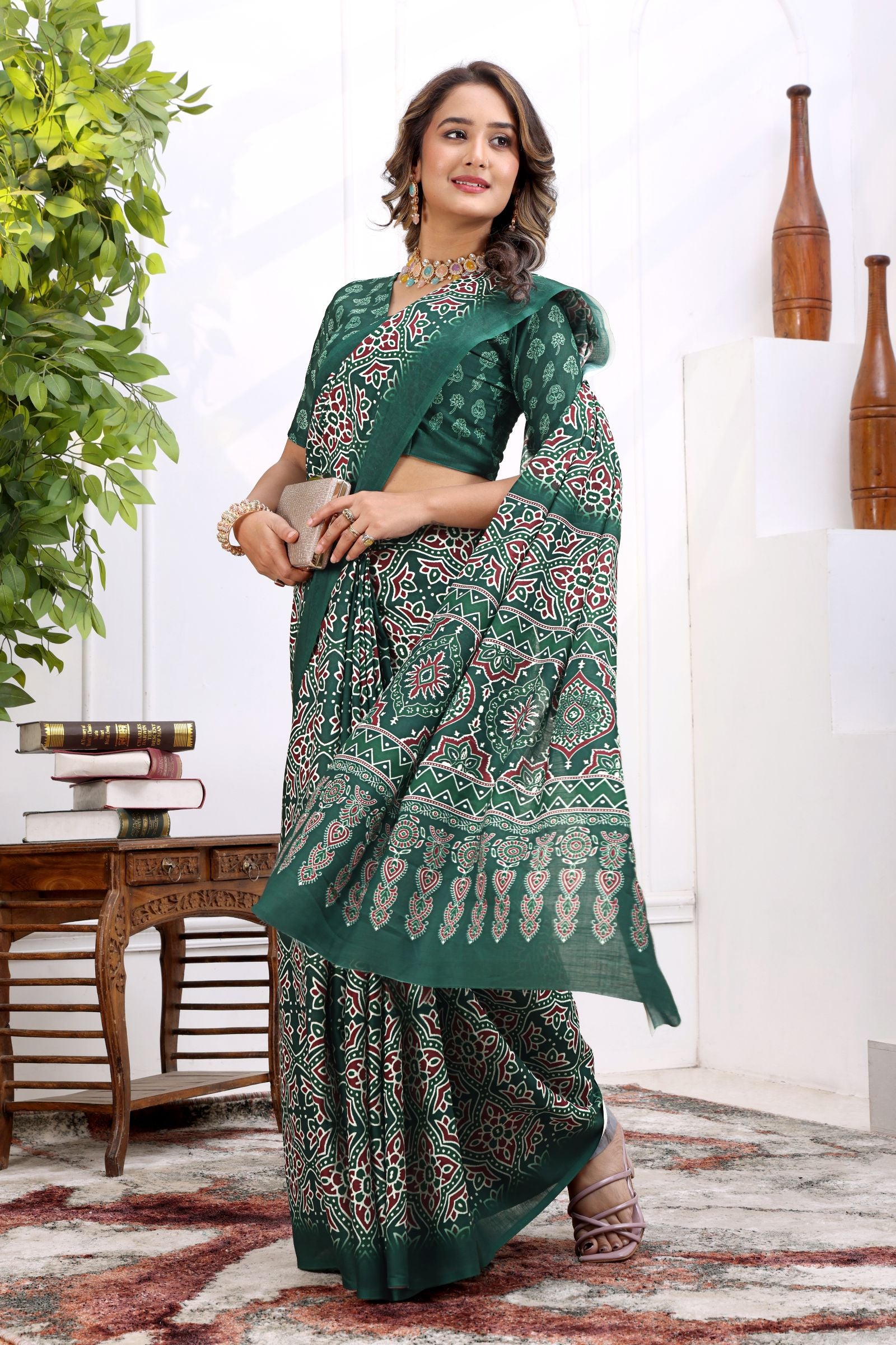 Aranya — Emerald Green Ajrakh Print Cotton Linen Saree