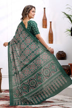 Aranya — Emerald Green Ajrakh Print Cotton Linen Saree