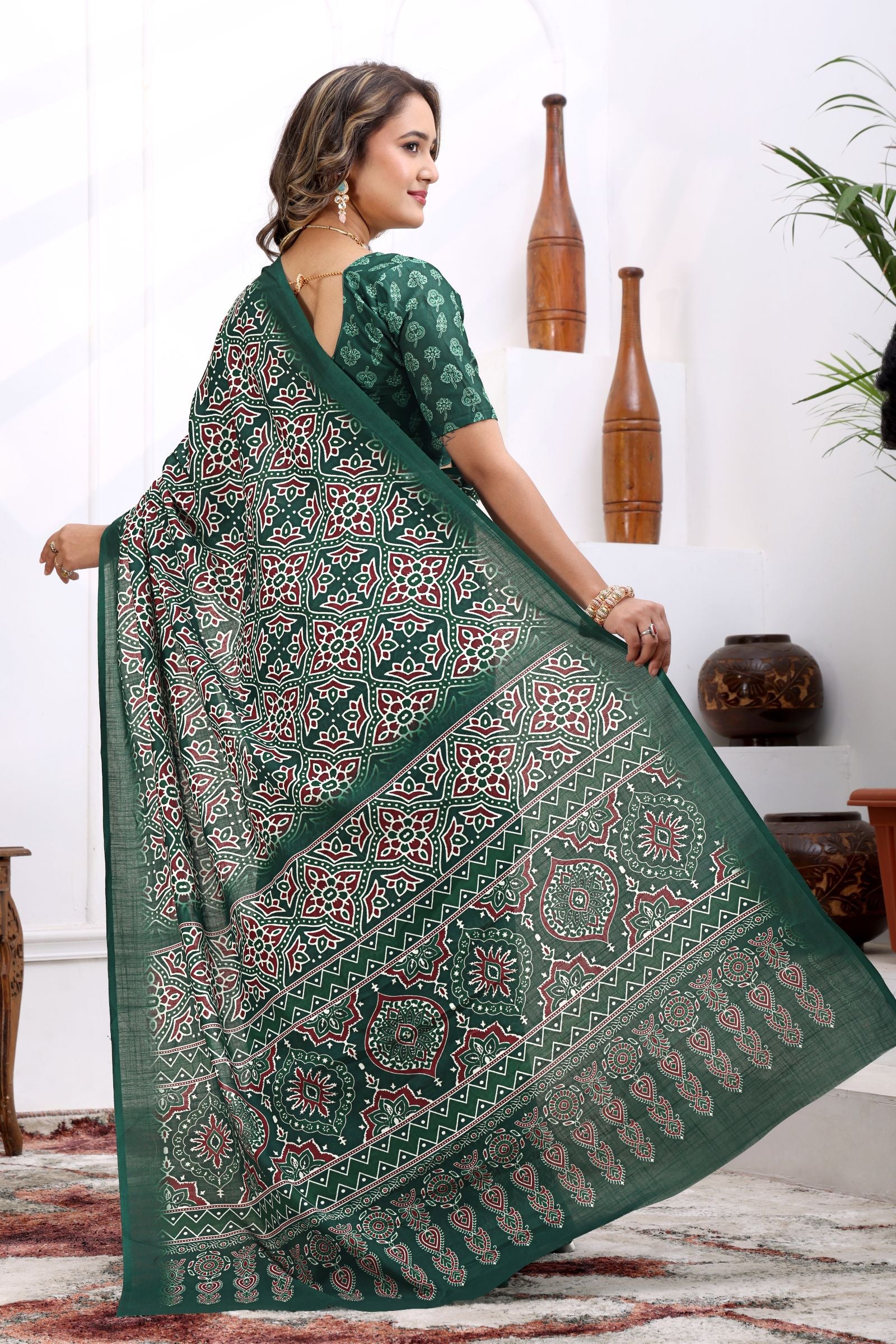 Aranya — Emerald Green Ajrakh Print Cotton Linen Saree