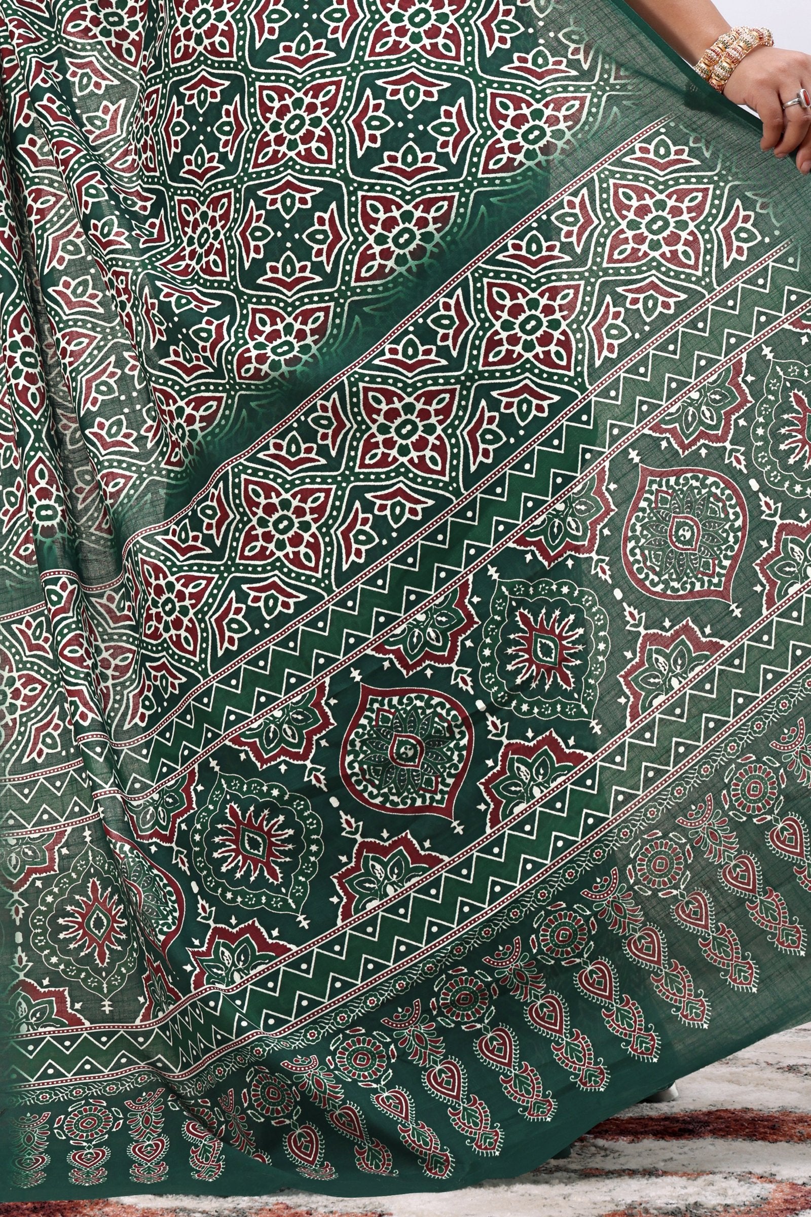 Aranya — Emerald Green Ajrakh Print Cotton Linen Saree