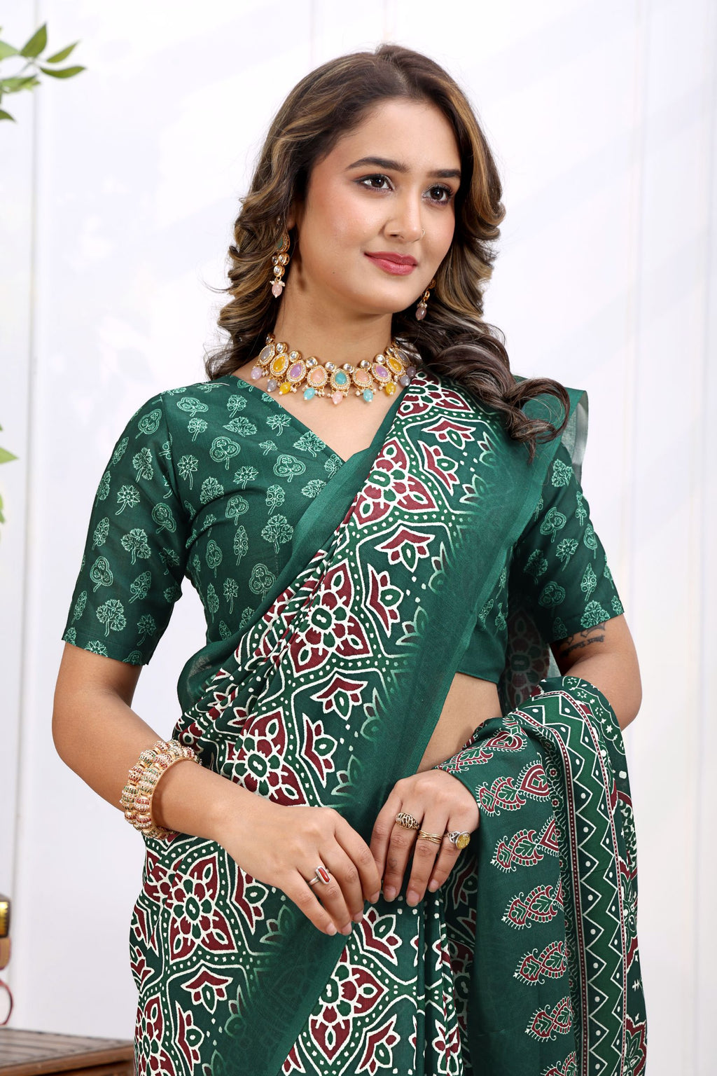 Aranya — Emerald Green Ajrakh Print Cotton Linen Saree