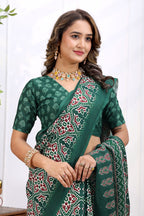 Aranya — Emerald Green Ajrakh Print Cotton Linen Saree