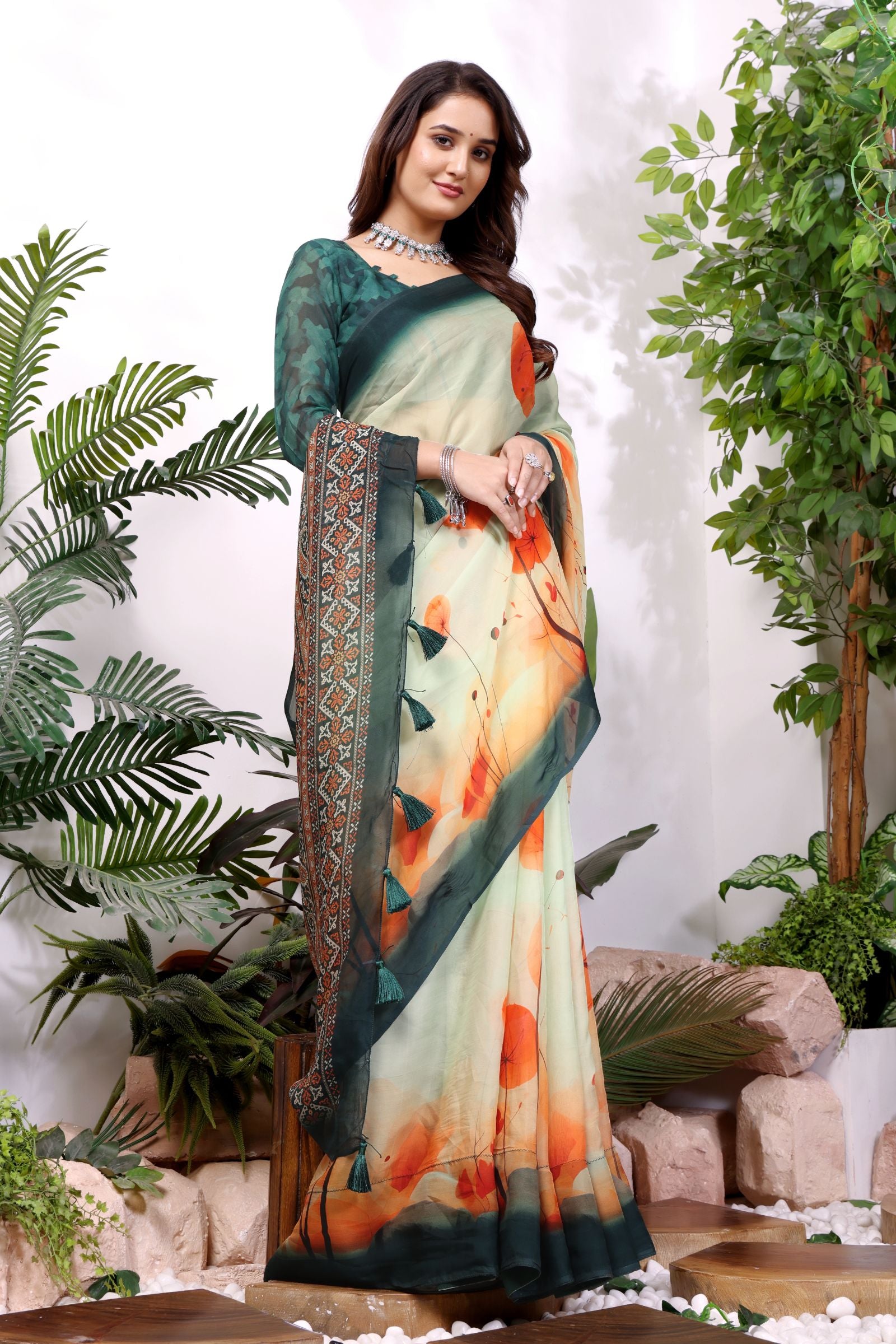 Arunika — Blossom Print Viscose Organza Saree