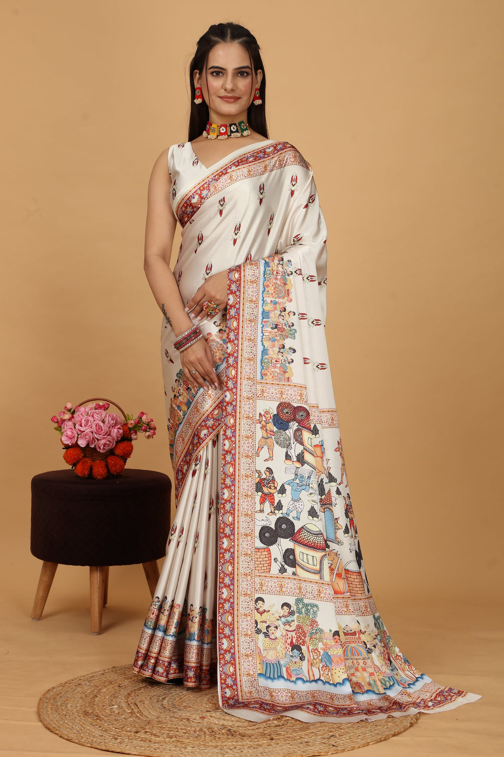 Jivani — Vibrant Folk Art Cream Artistic Saree