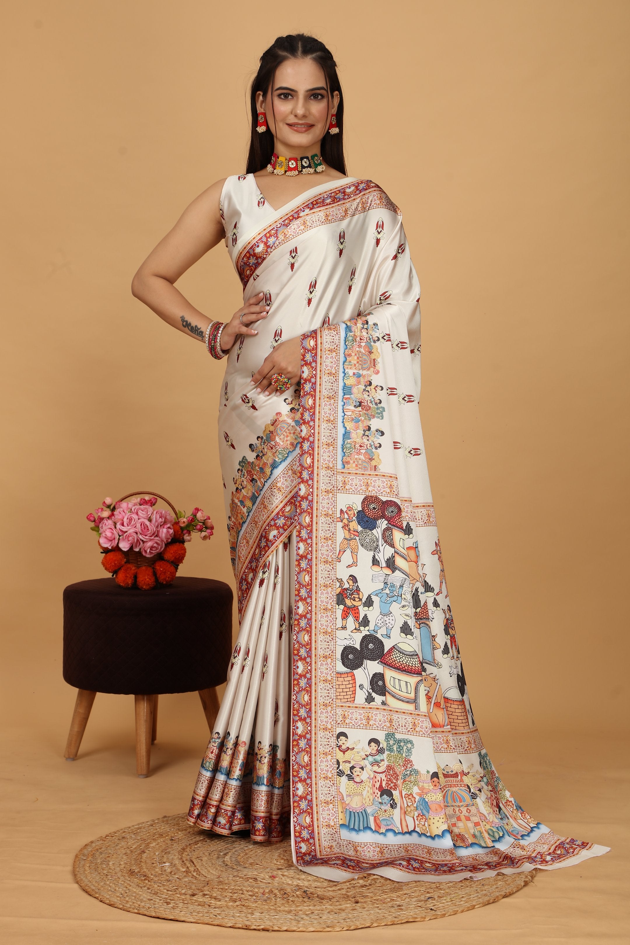 Jivani — Vibrant Folk Art Cream Artistic Saree