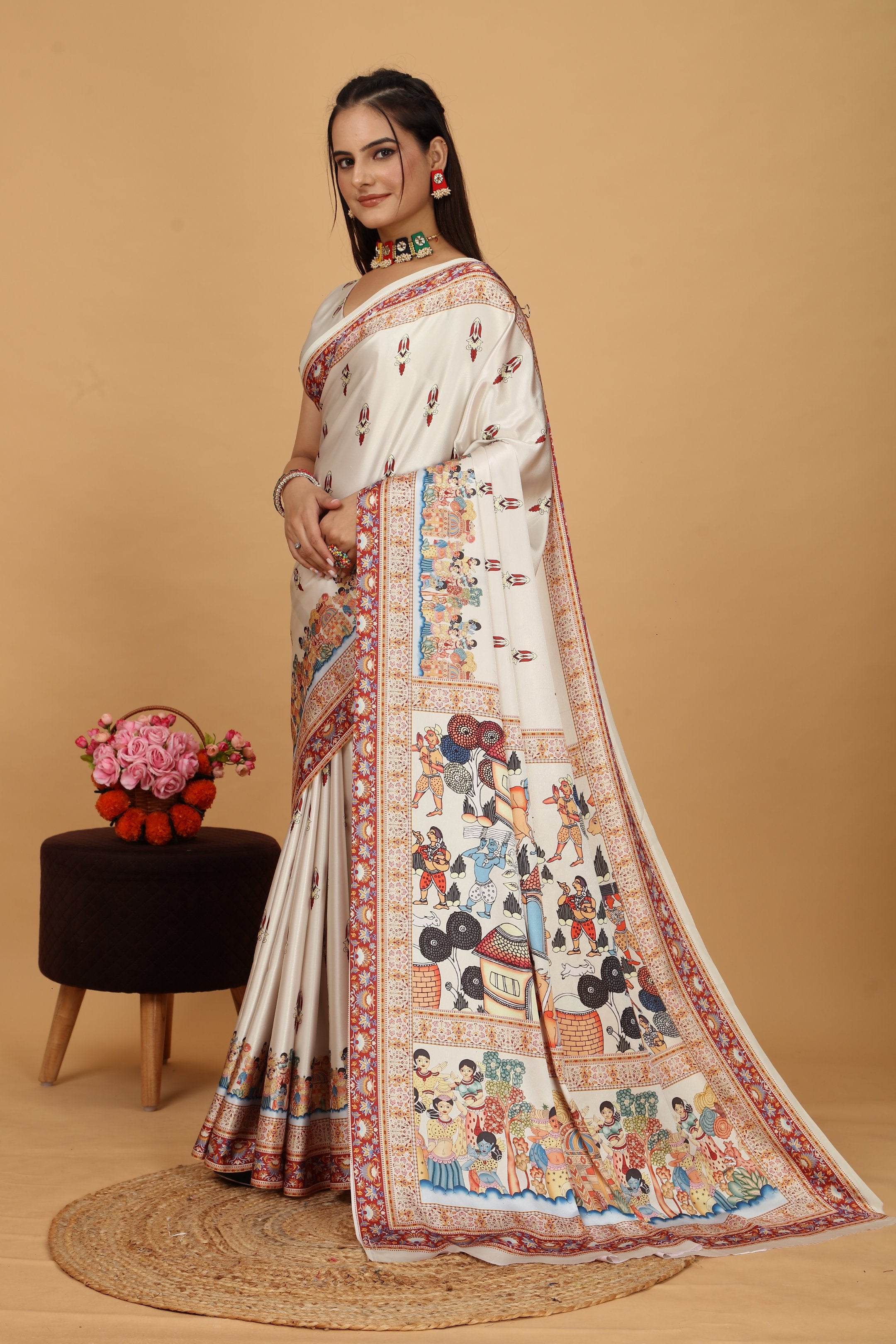 Jivani — Vibrant Folk Art Cream Artistic Saree