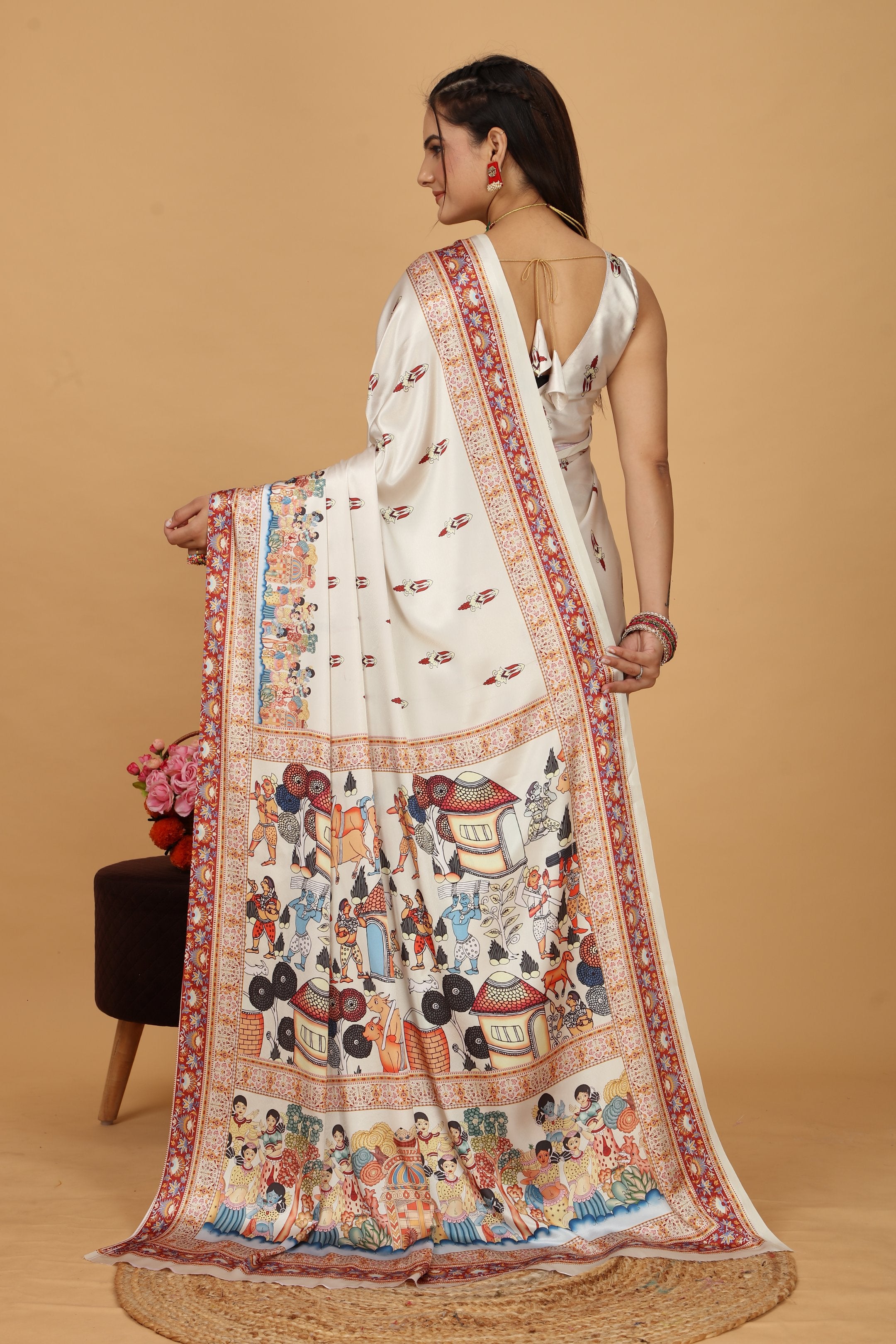 Jivani — Vibrant Folk Art Cream Artistic Saree