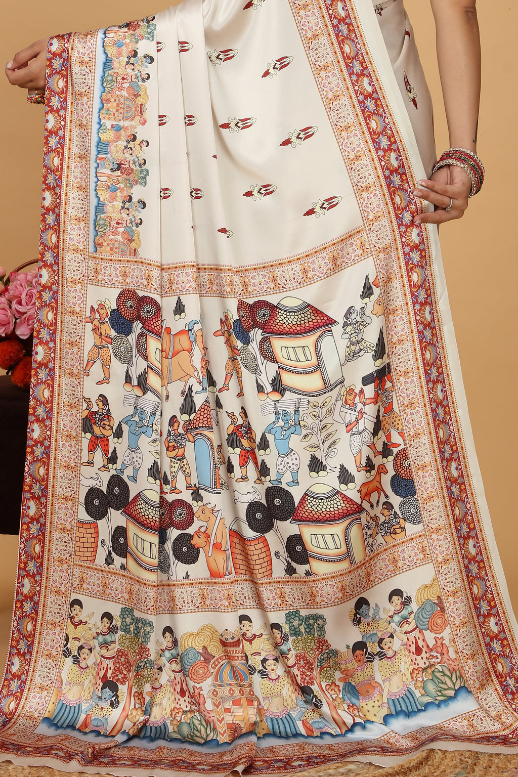 Jivani — Vibrant Folk Art Cream Artistic Saree