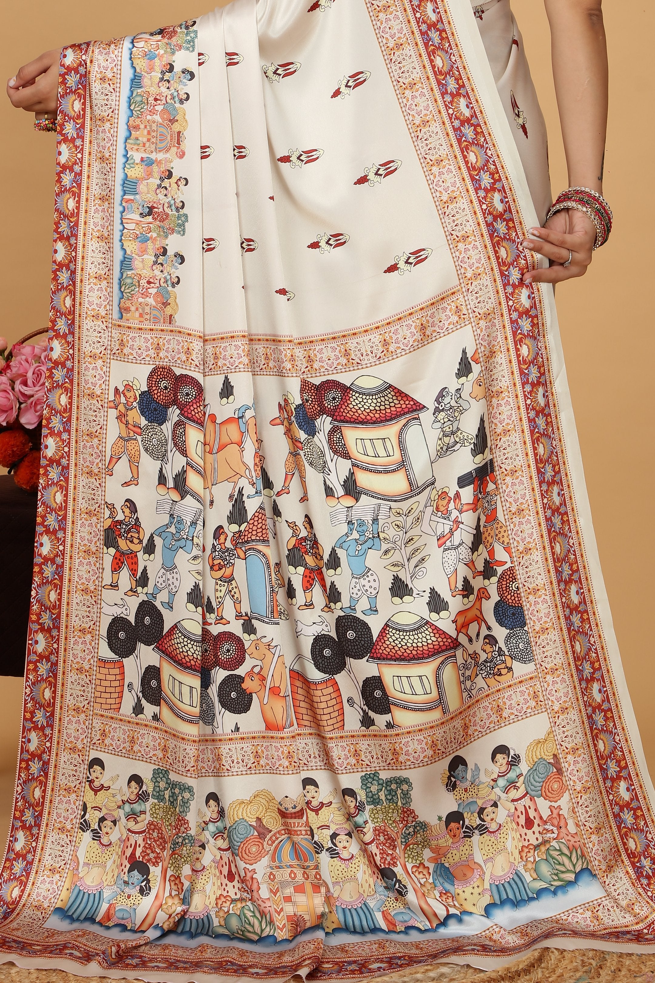 Jivani — Vibrant Folk Art Cream Artistic Saree