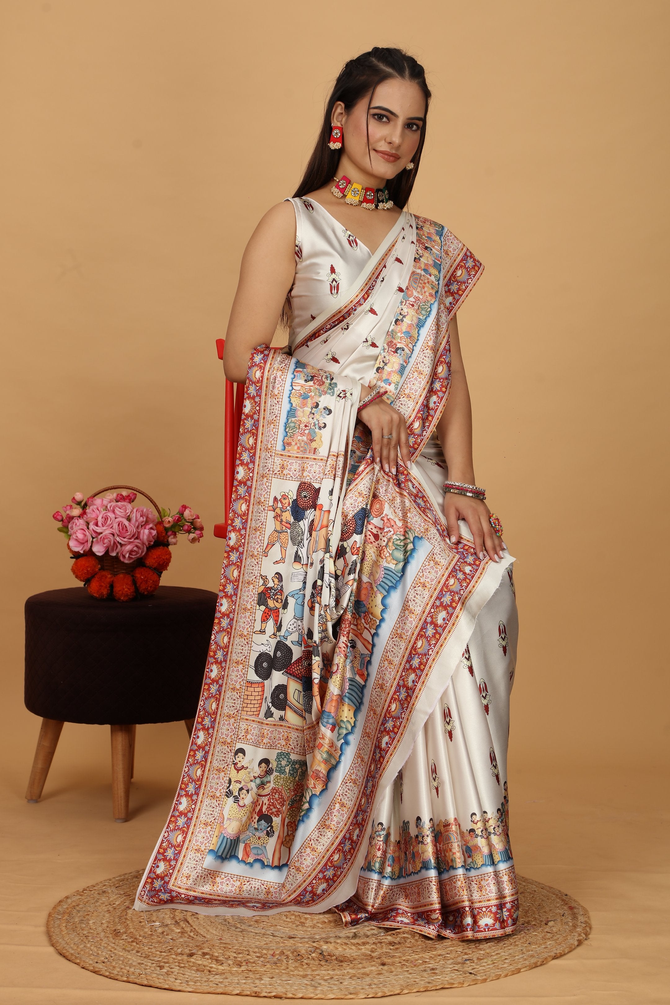 Jivani — Vibrant Folk Art Cream Artistic Saree