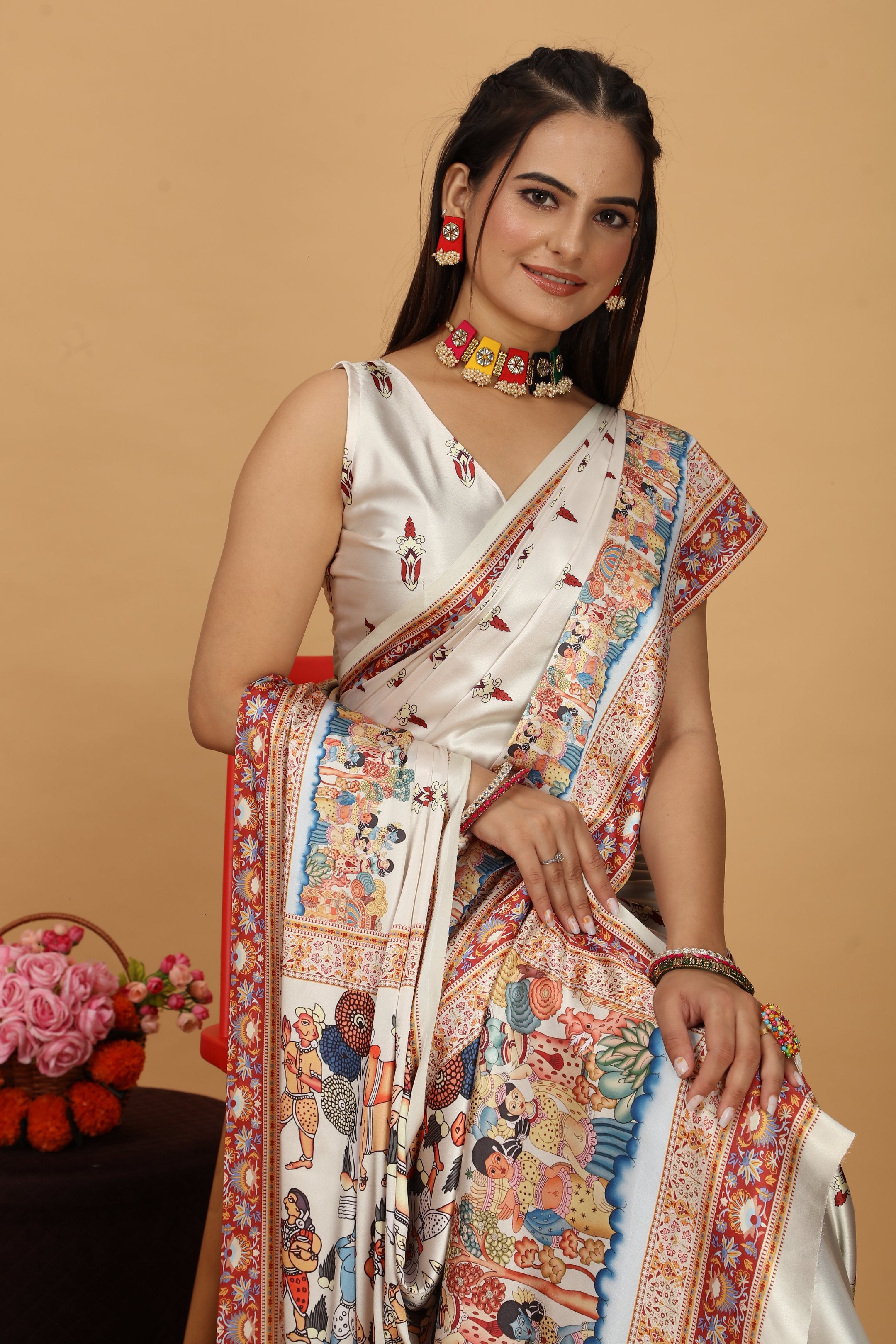 Jivani — Vibrant Folk Art Cream Artistic Saree