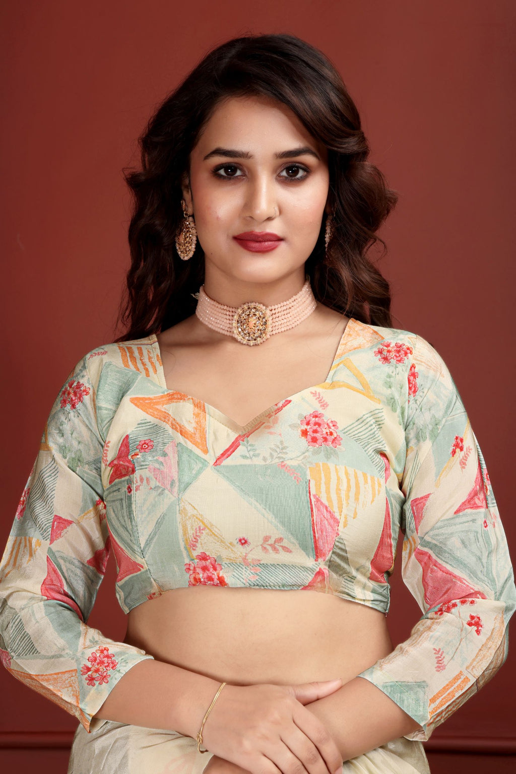 Kumariika — Calming Cream Liva Floral Artistic Saree