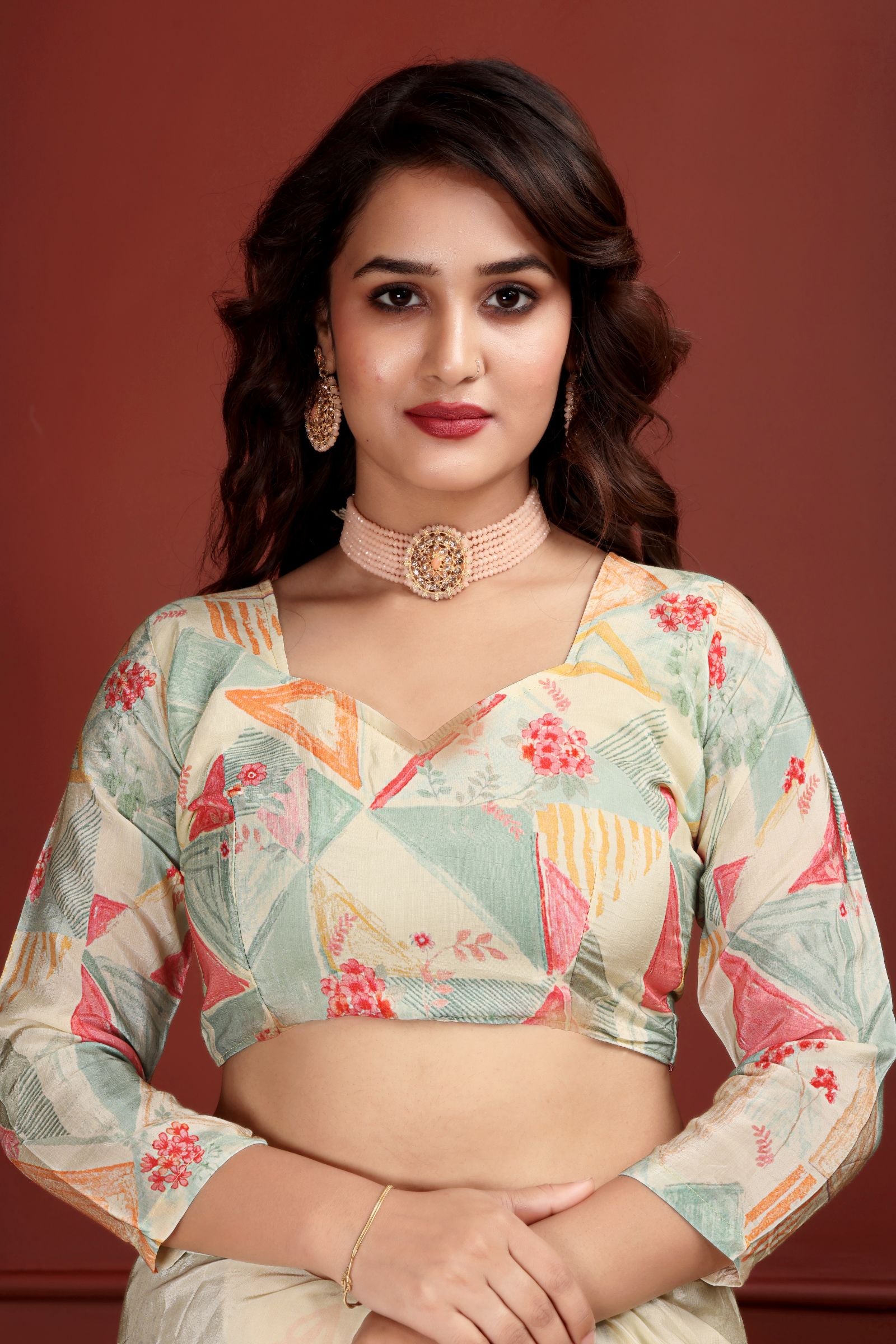 Kumariika — Calming Cream Liva Floral Artistic Saree