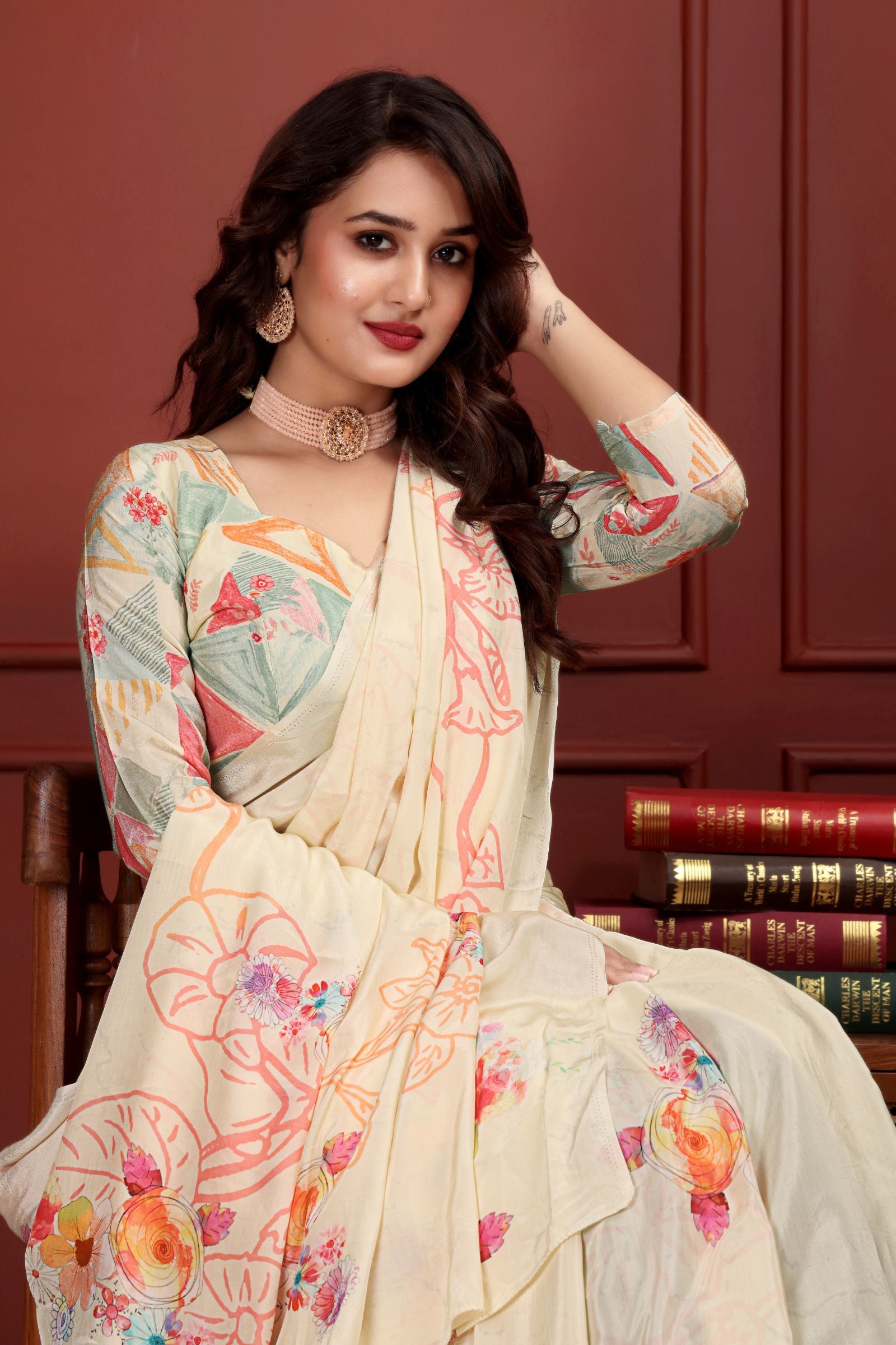 Kumariika — Calming Cream Liva Floral Artistic Saree