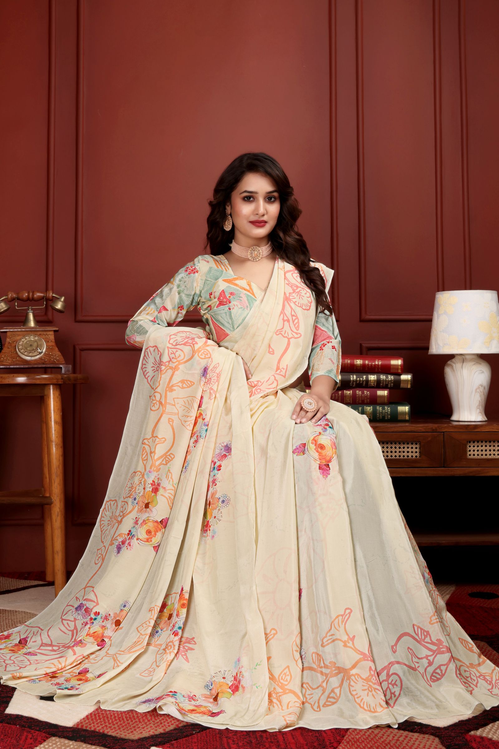 Kumariika — Calming Cream Liva Floral Artistic Saree