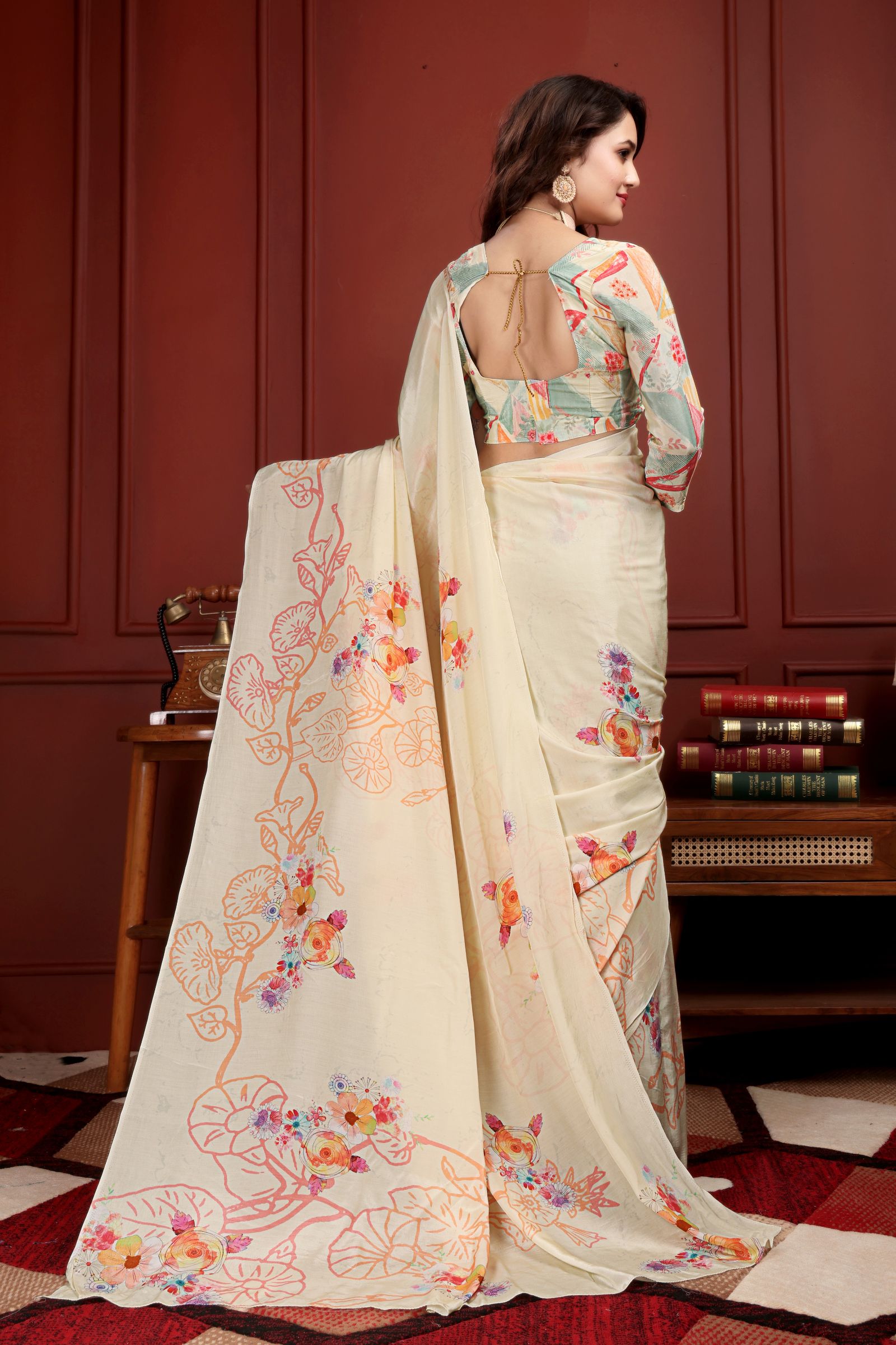 Kumariika — Calming Cream Liva Floral Artistic Saree