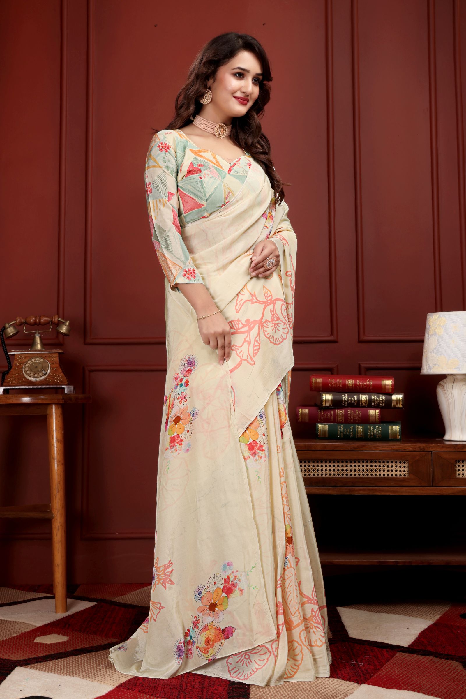 Kumariika — Calming Cream Liva Floral Artistic Saree