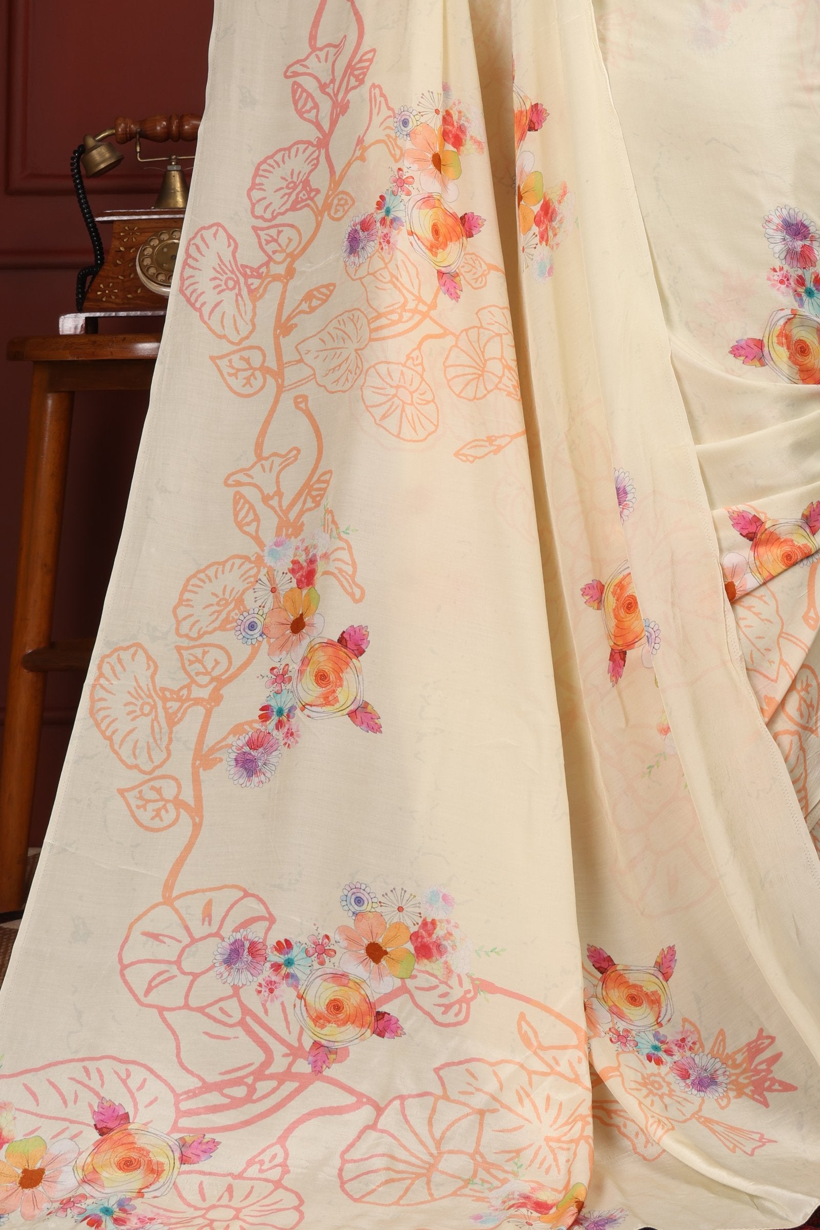 Kumariika — Calming Cream Liva Floral Artistic Saree