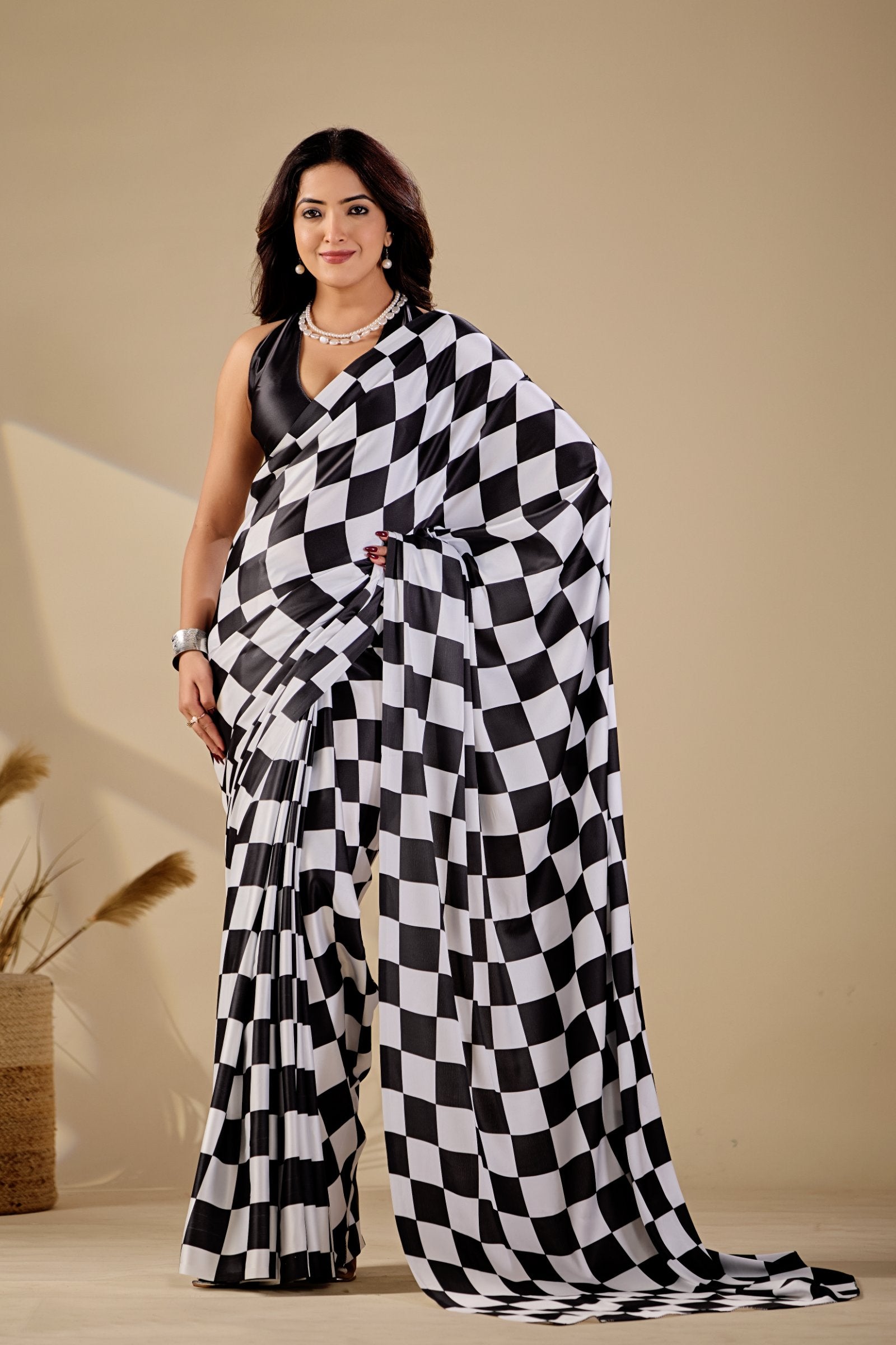 Chaturi — Checker Geometric Print Japan Satin Saree