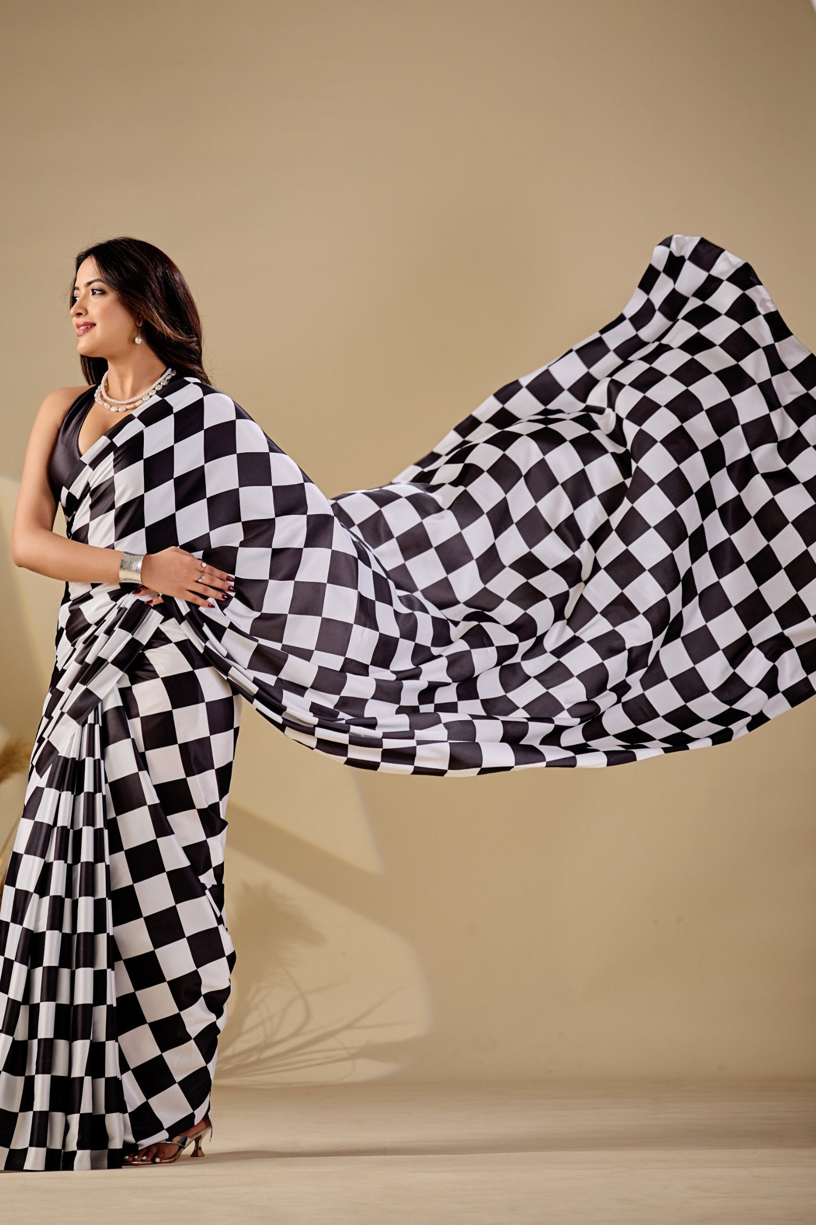 Chaturi — Checker Geometric Print Japan Satin Saree