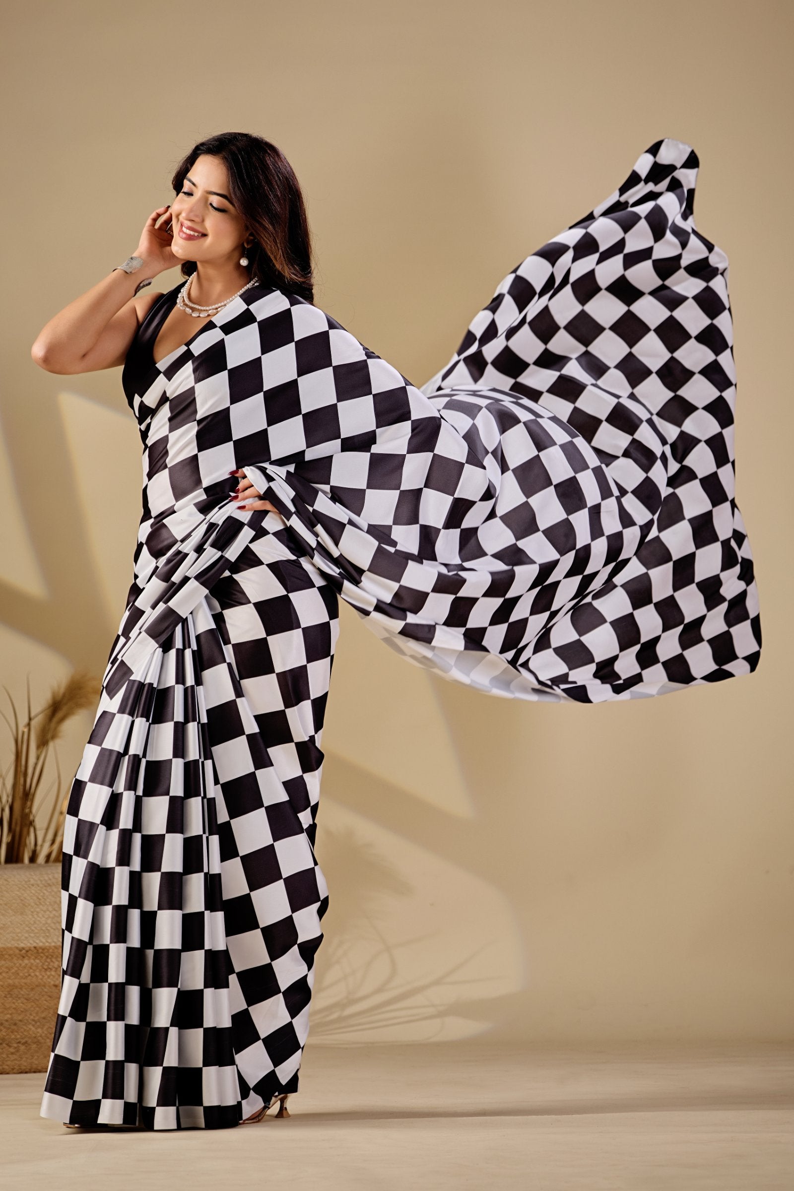 Chaturi — Checker Geometric Print Japan Satin Saree