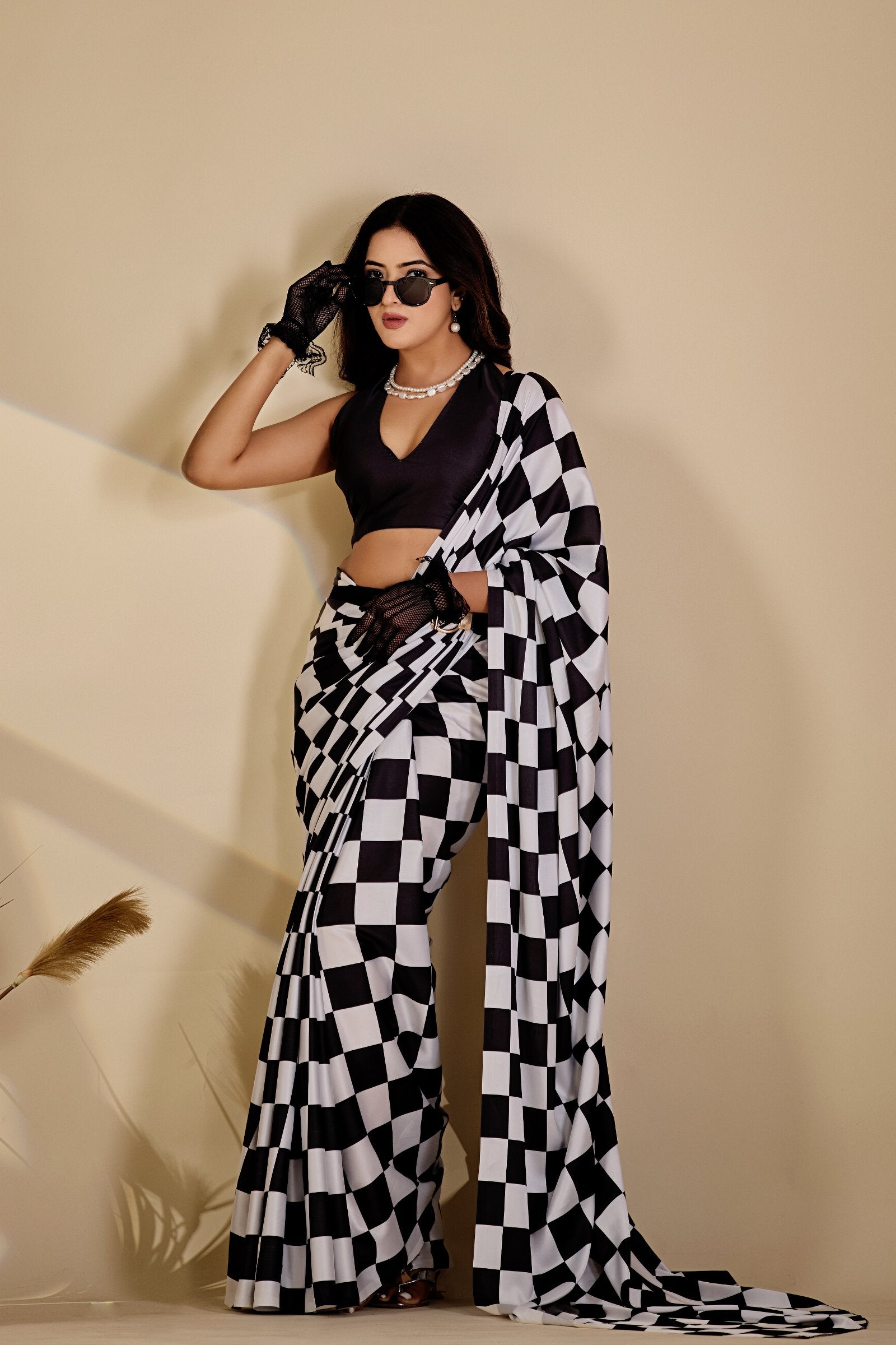 Chaturi — Checker Geometric Print Japan Satin Saree