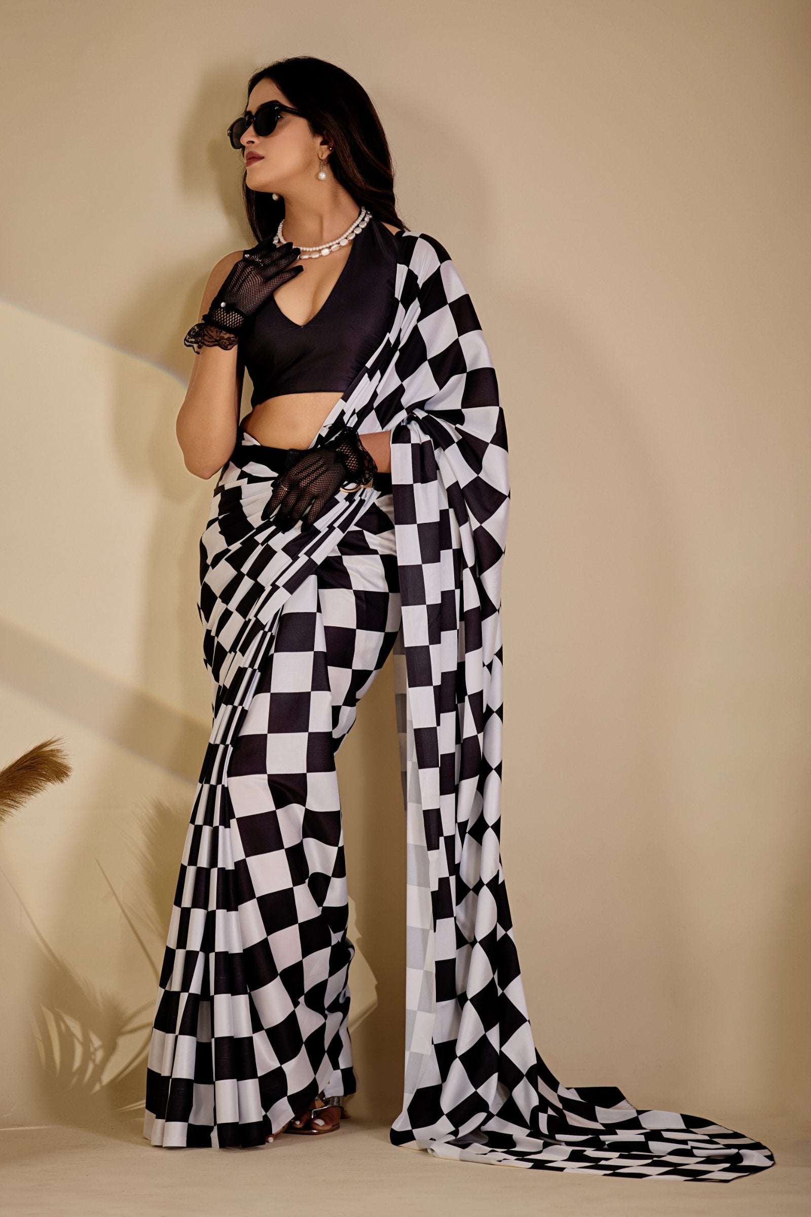 Chaturi — Checker Geometric Print Japan Satin Saree