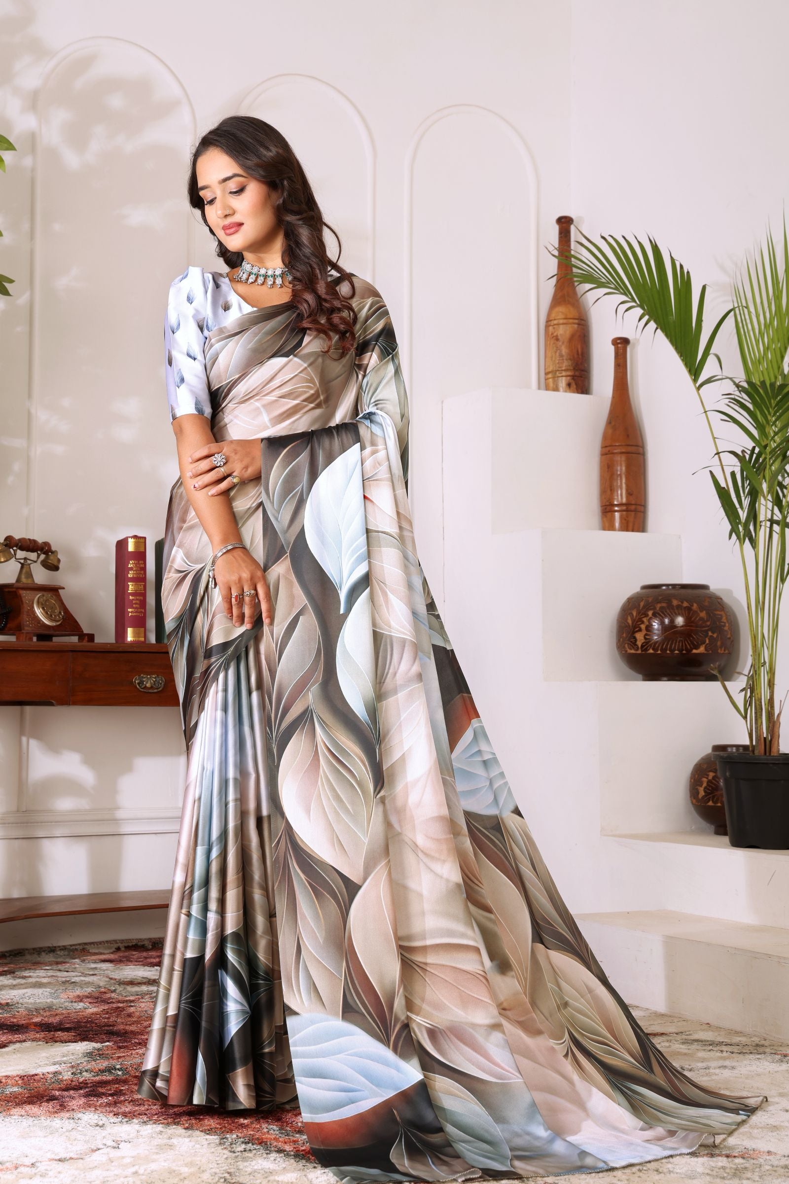 Devanshi — Divine Leaf Whisper Satin Silk Saree