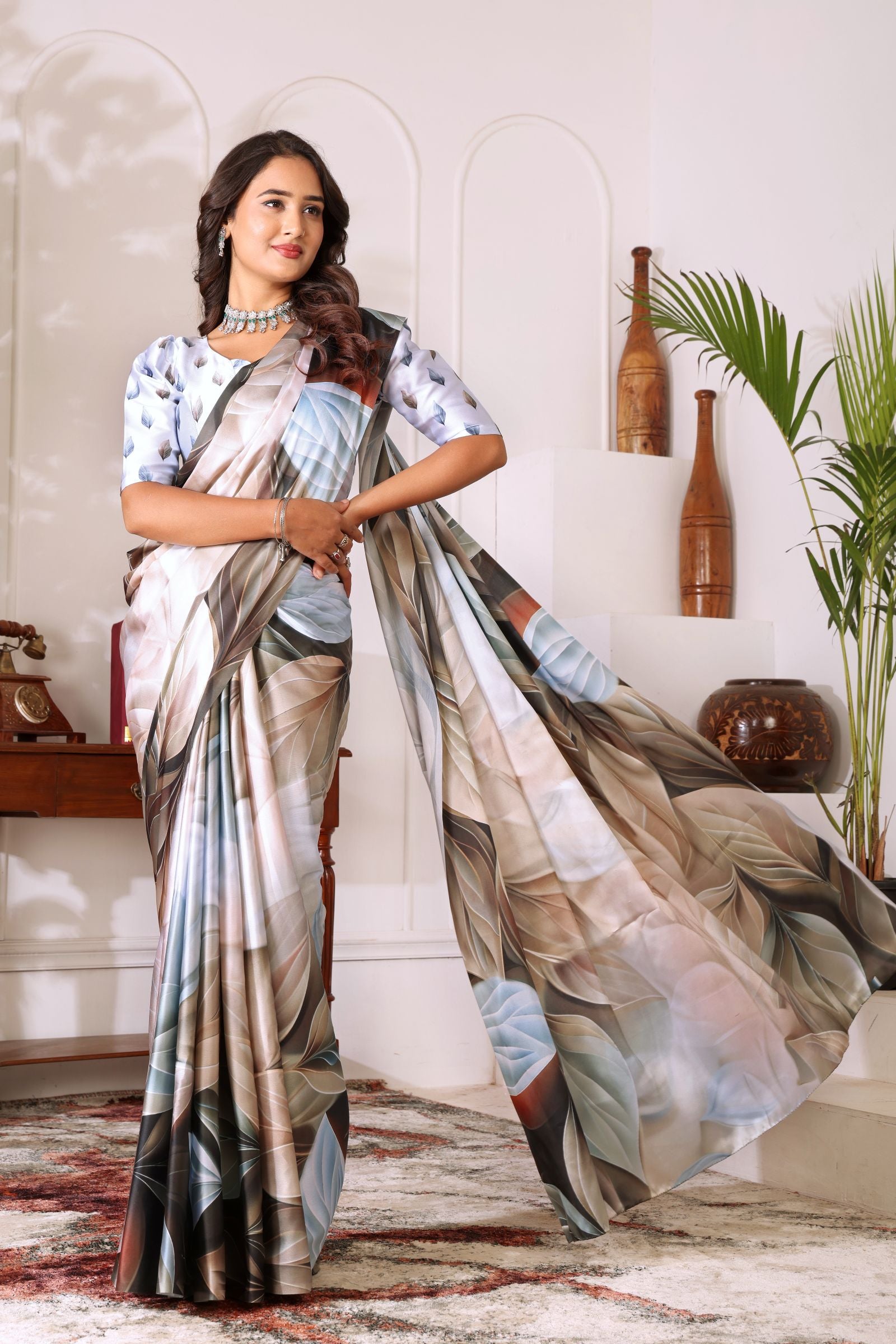 Devanshi — Divine Leaf Whisper Satin Silk Saree