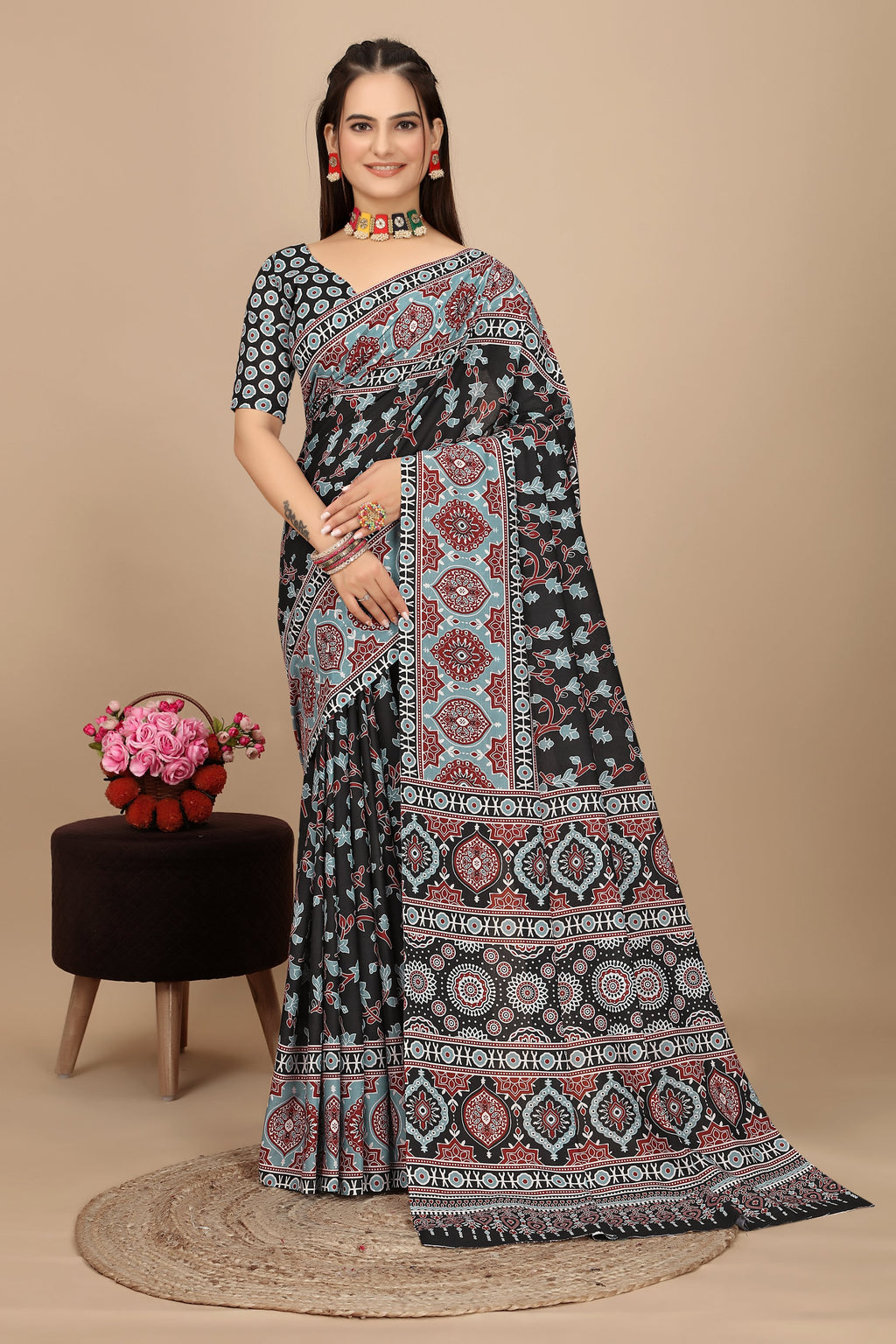Rekhavali — Gray Cotton Linen Kalamkari Print Saree