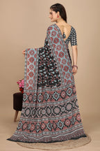 Rekhavali — Gray Cotton Linen Kalamkari Print Saree