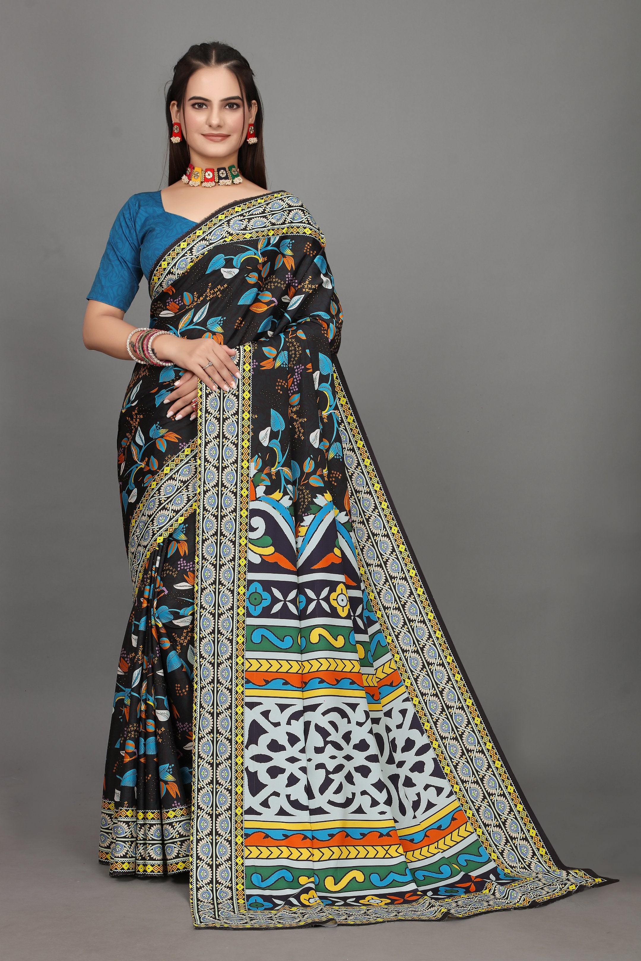 Rangini — Bright Cultural Motif Dark Blue Saree